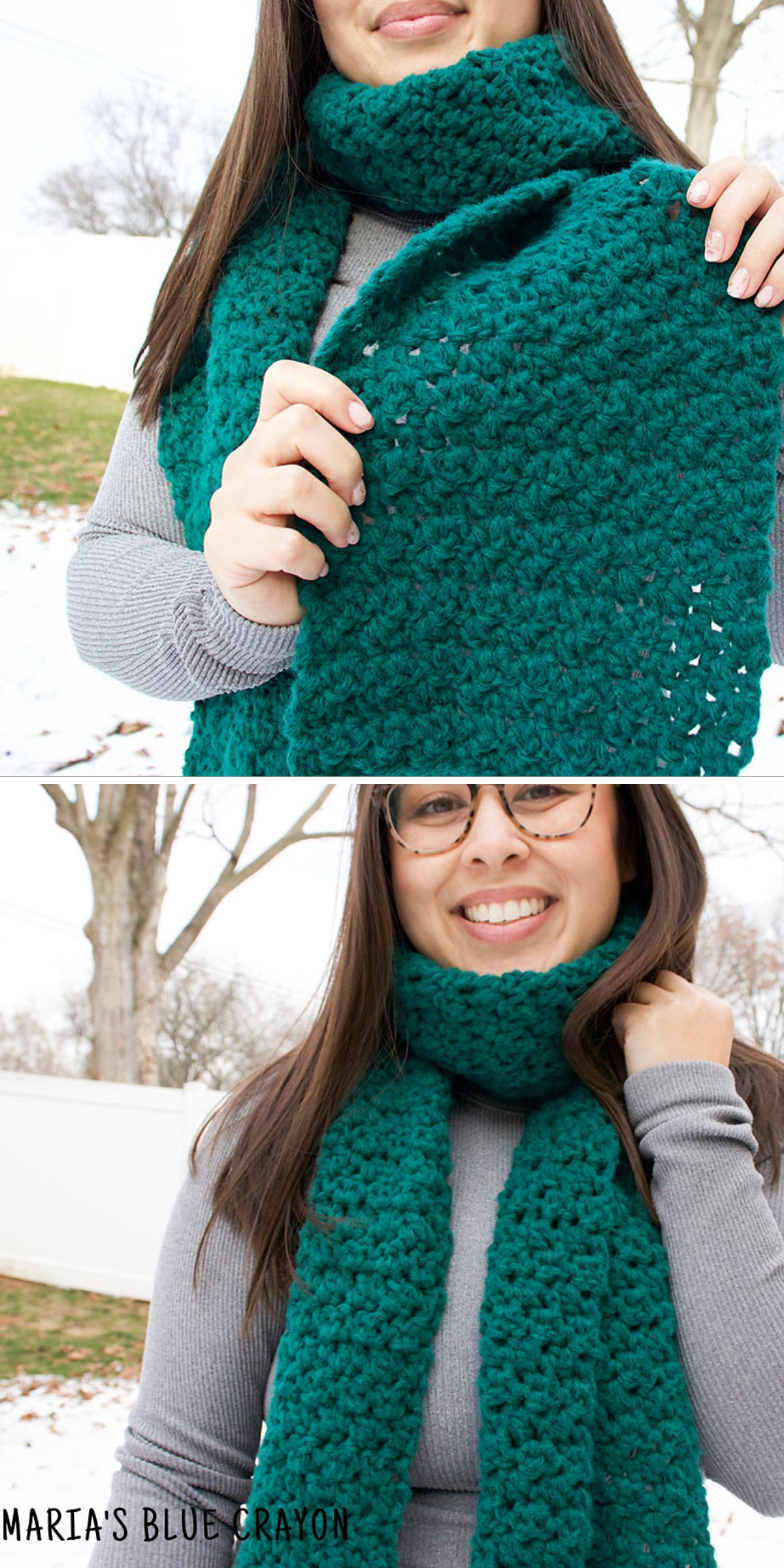 Two photos showing a woman wearing a chunky, teal crocheted scarf outdoors in winter, holding the scarf with both hands and smiling.