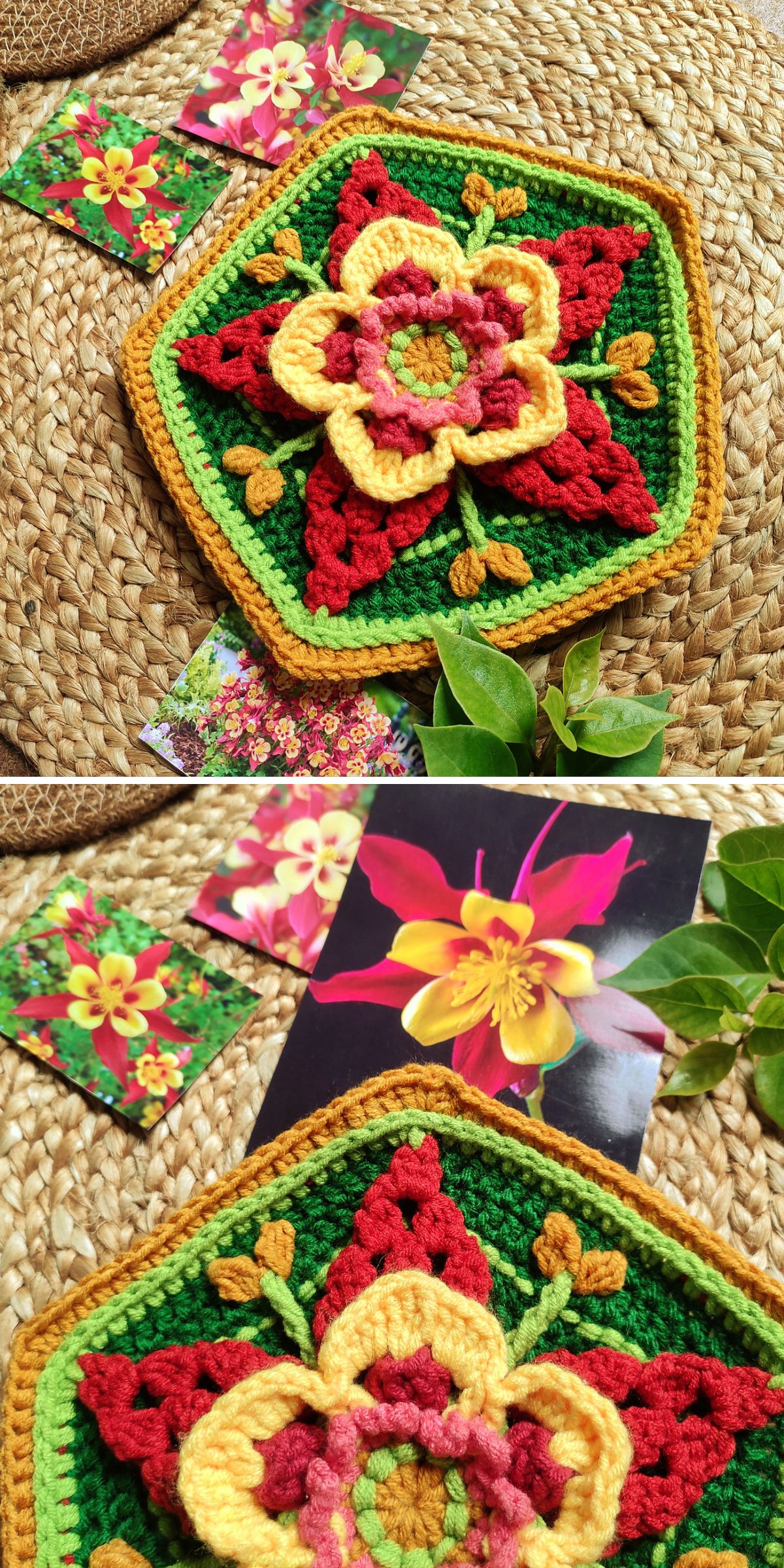 A colorful crocheted pentagon with a floral pattern, similar to a Crochet Flower Square, sits on a woven mat beside green leaves and flower-themed cards.