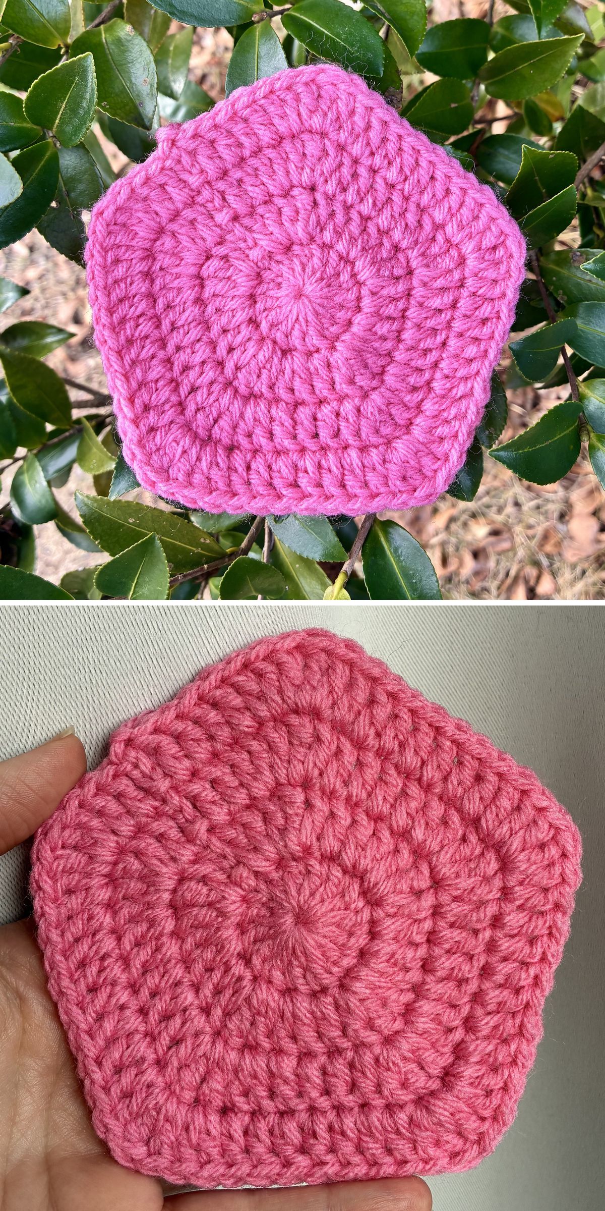 A pink, crocheted pentagon featuring a delicate crochet stitch is displayed outdoors on green leaves in the top image and held in a hand against a white background in the bottom image.