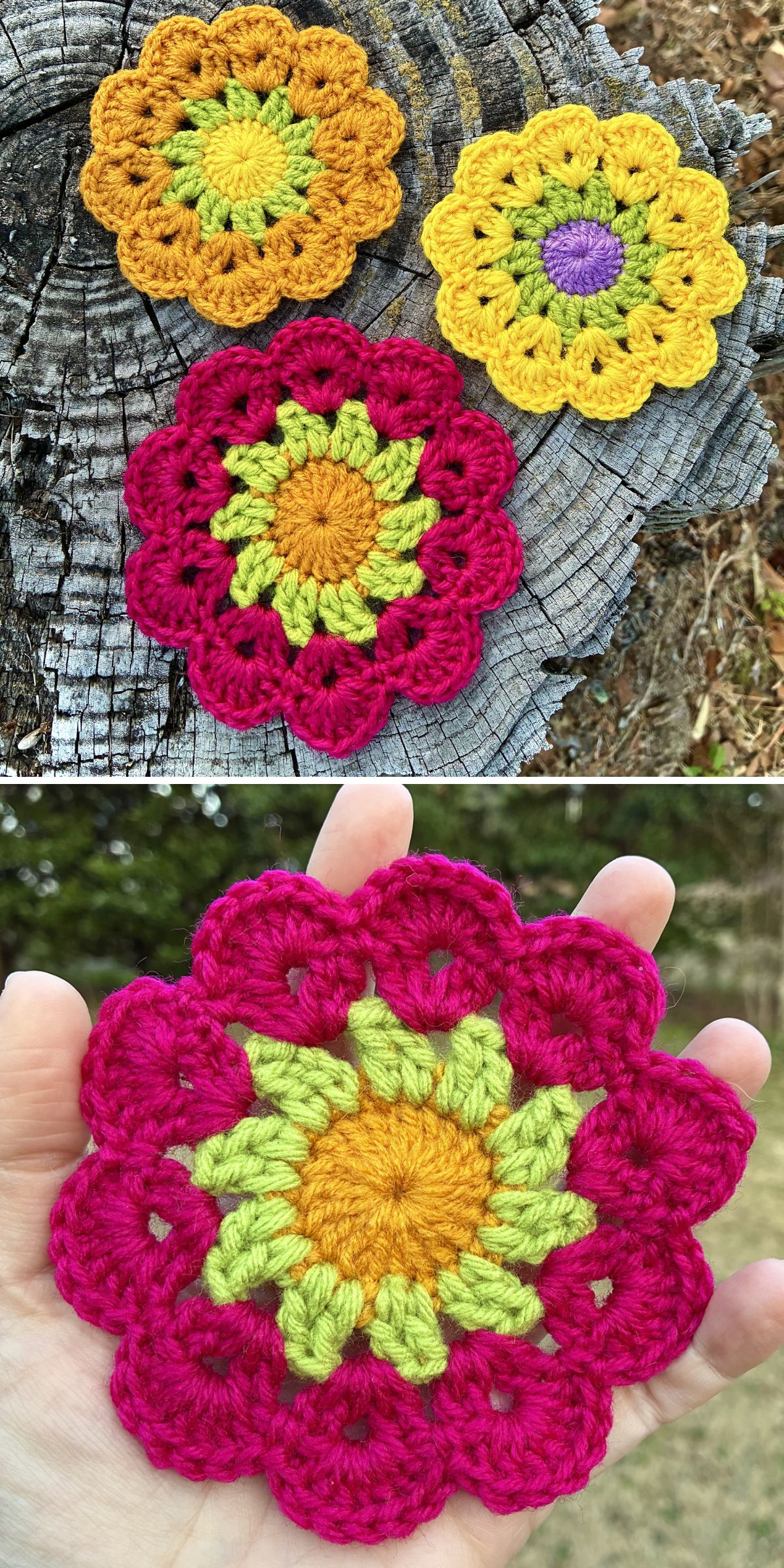 Three colorful crochet flower coasters lie on a tree stump, with one pink, yellow, and orange motif shown separately in a person's hand.