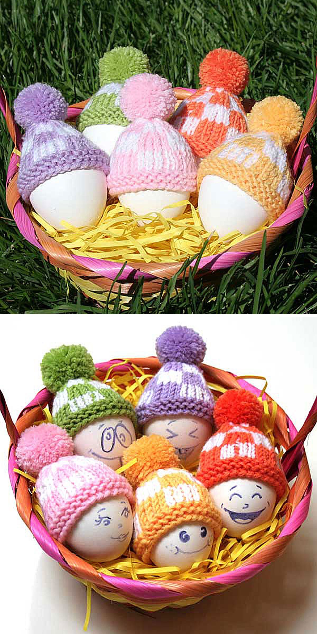 A basket of eggs with knitted hats; some eggs are plain, others have drawn faces with different expressions, creating charming knitted Easter decorations.