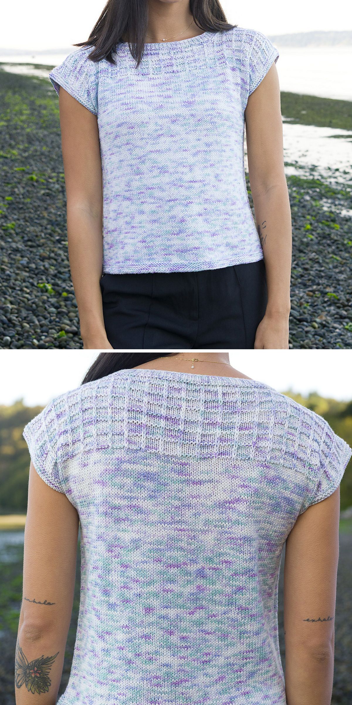 A woman stands outdoors wearing a short-sleeve, light purple and white knit top with a textured yoke and plain body, shown from the front and back.