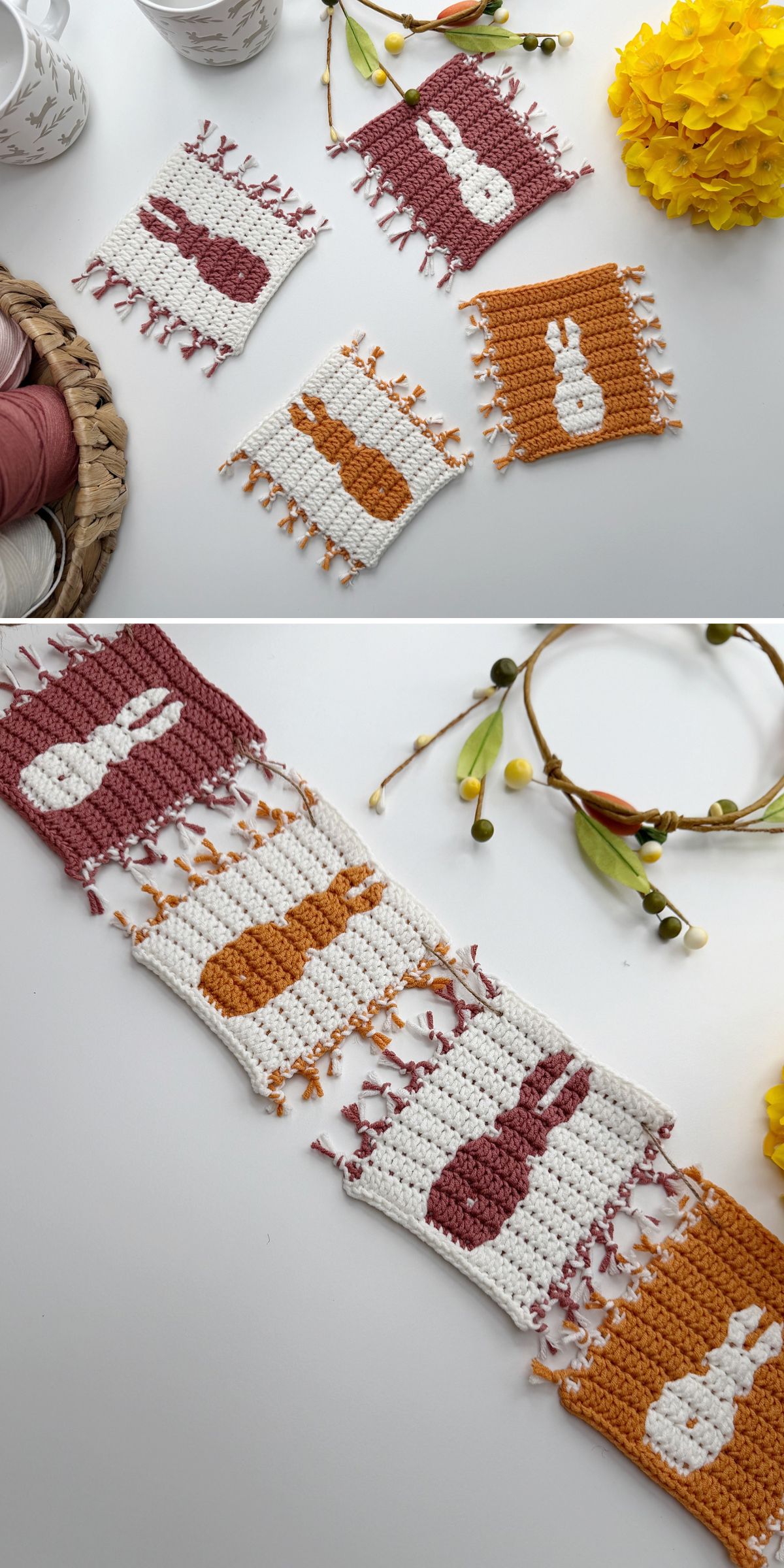 Crocheted square coasters featuring rabbit and carrot designs in white, orange, and pink, displayed singly and linked together as charming crochet Easter decor with decorative props around them.