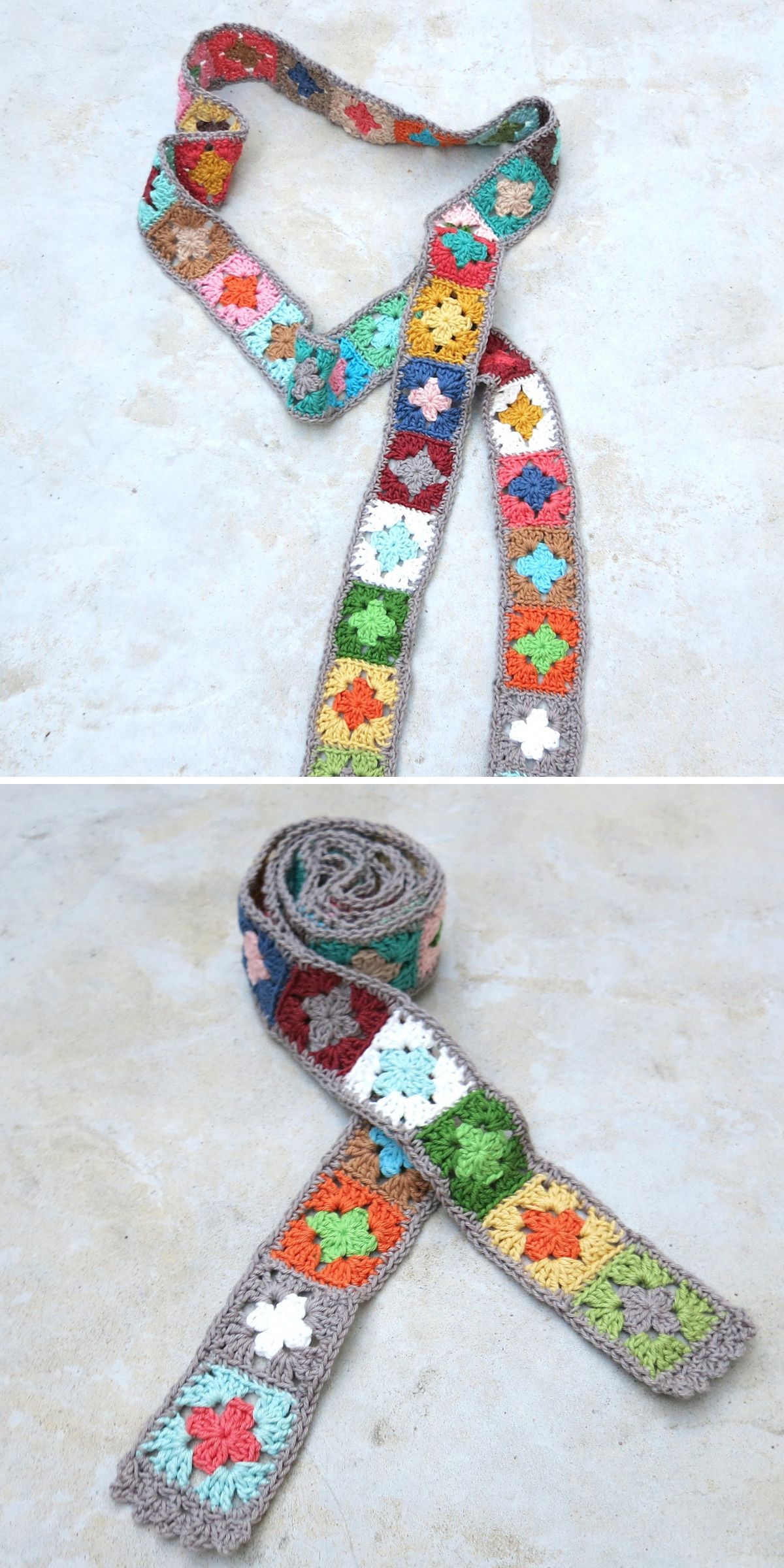 A crochet skinny scarf crafted from multicolored granny squares with a gray border, shown laid out and rolled up on a light surface.