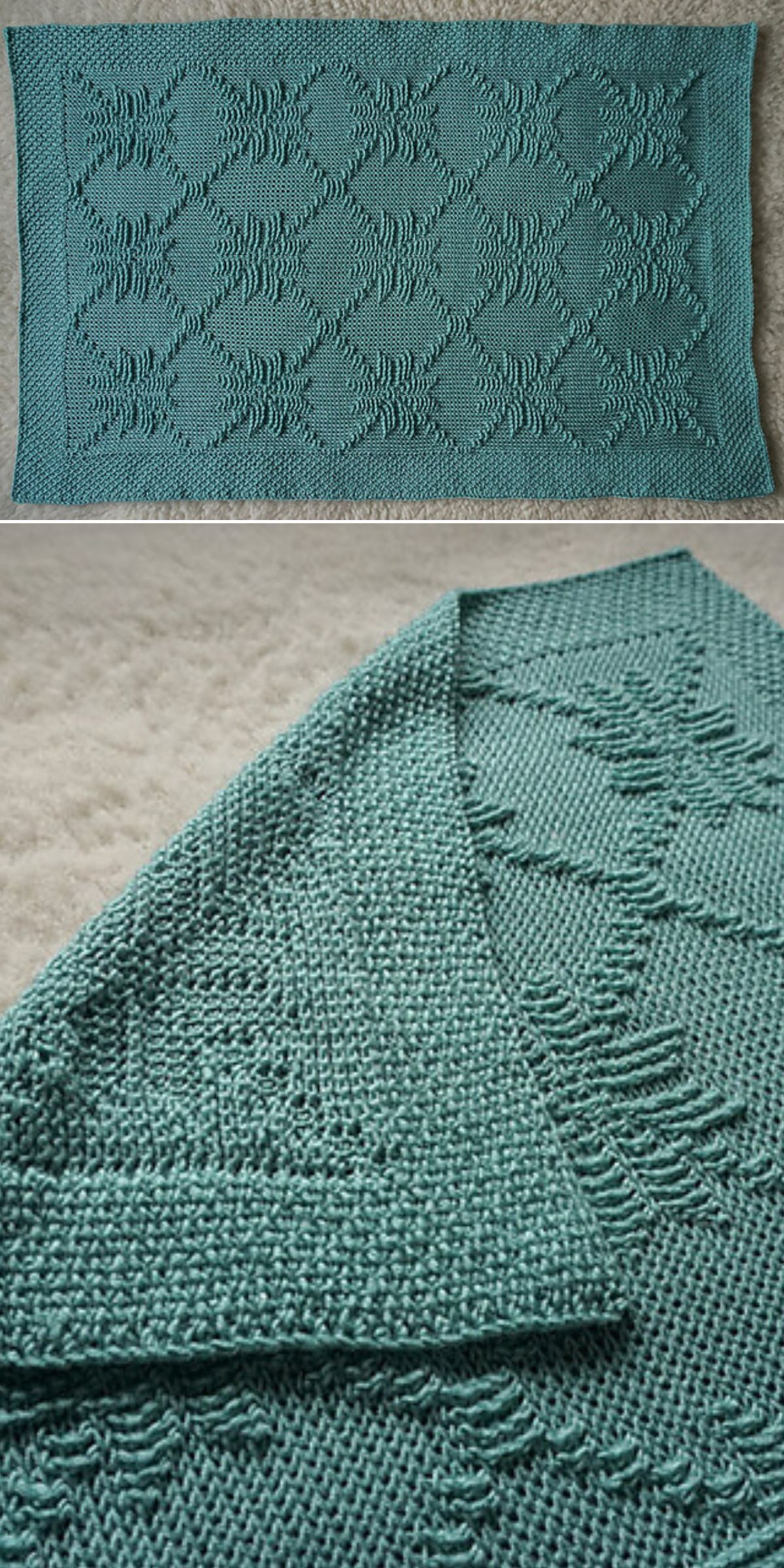 Teal crochet blanket with a textured pattern of elephants and hearts, displayed flat and folded to show stitch detail—perfect inspiration for free crochet patterns in green.