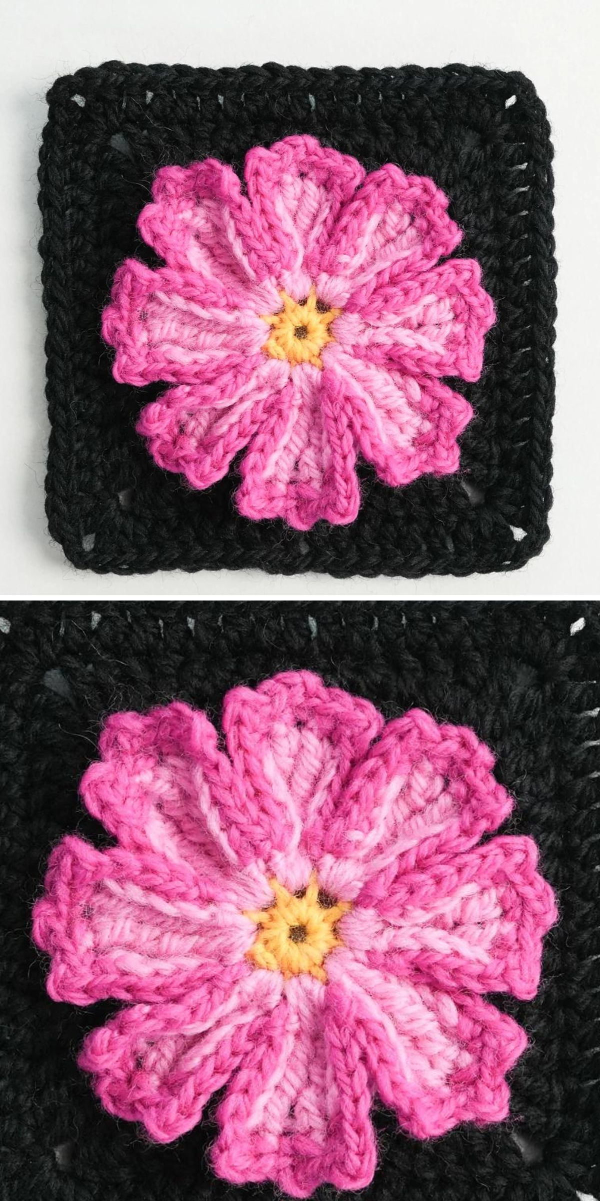 A Crochet Flower Square with a black background features a pink flower with a yellow center and layered petals in the middle.