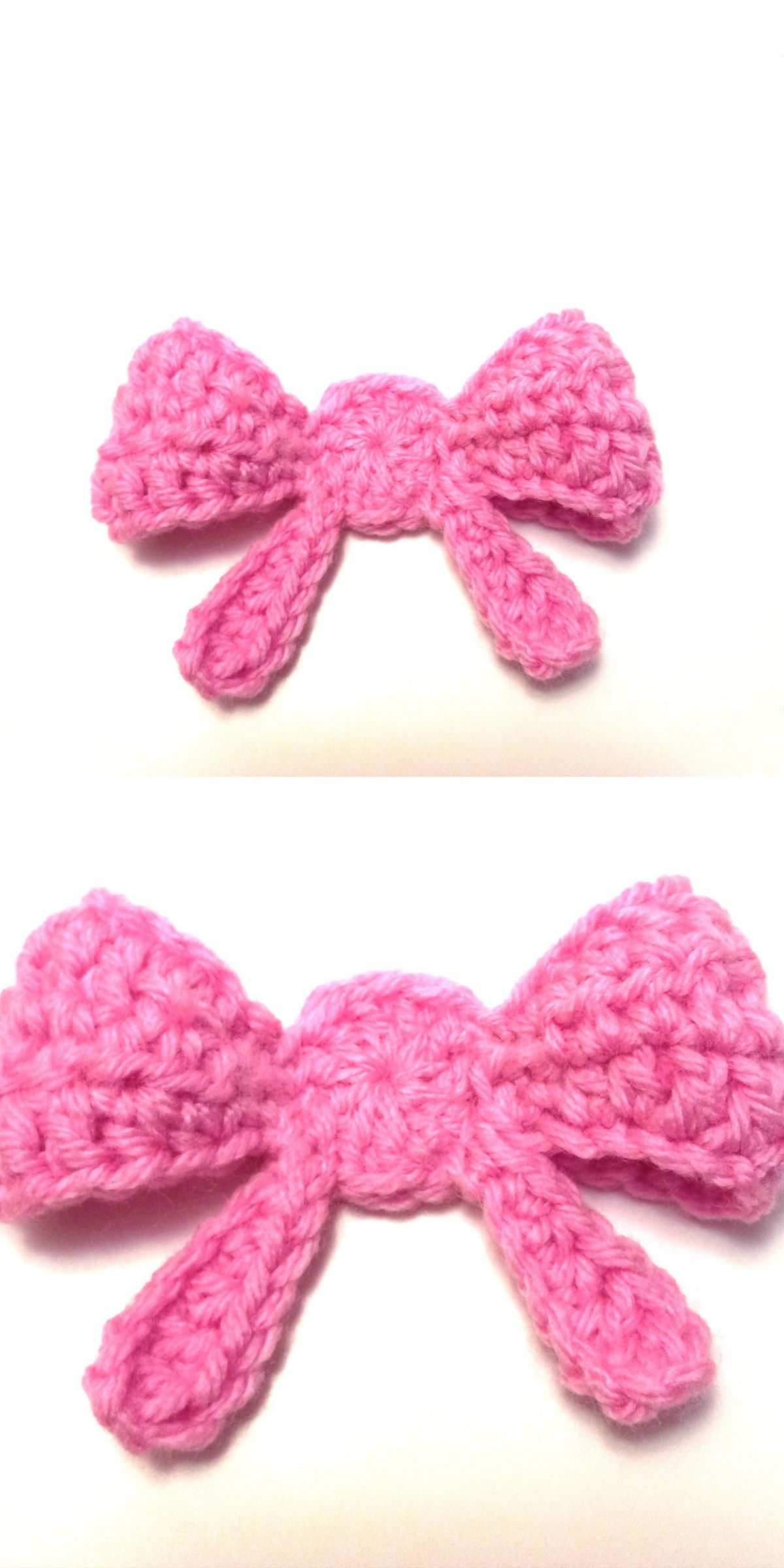 Two photos feature a crochet bow in pink on a white background, with the second image offering a closer view of the delicate detailing.