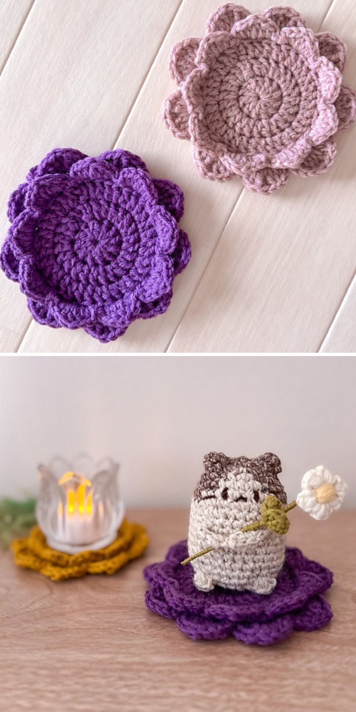 Two crocheted flower-shaped coasters in purple and pink, and a scene with a crocheted cat figure holding a flower, placed on the purple coaster next to a lit candle holder.