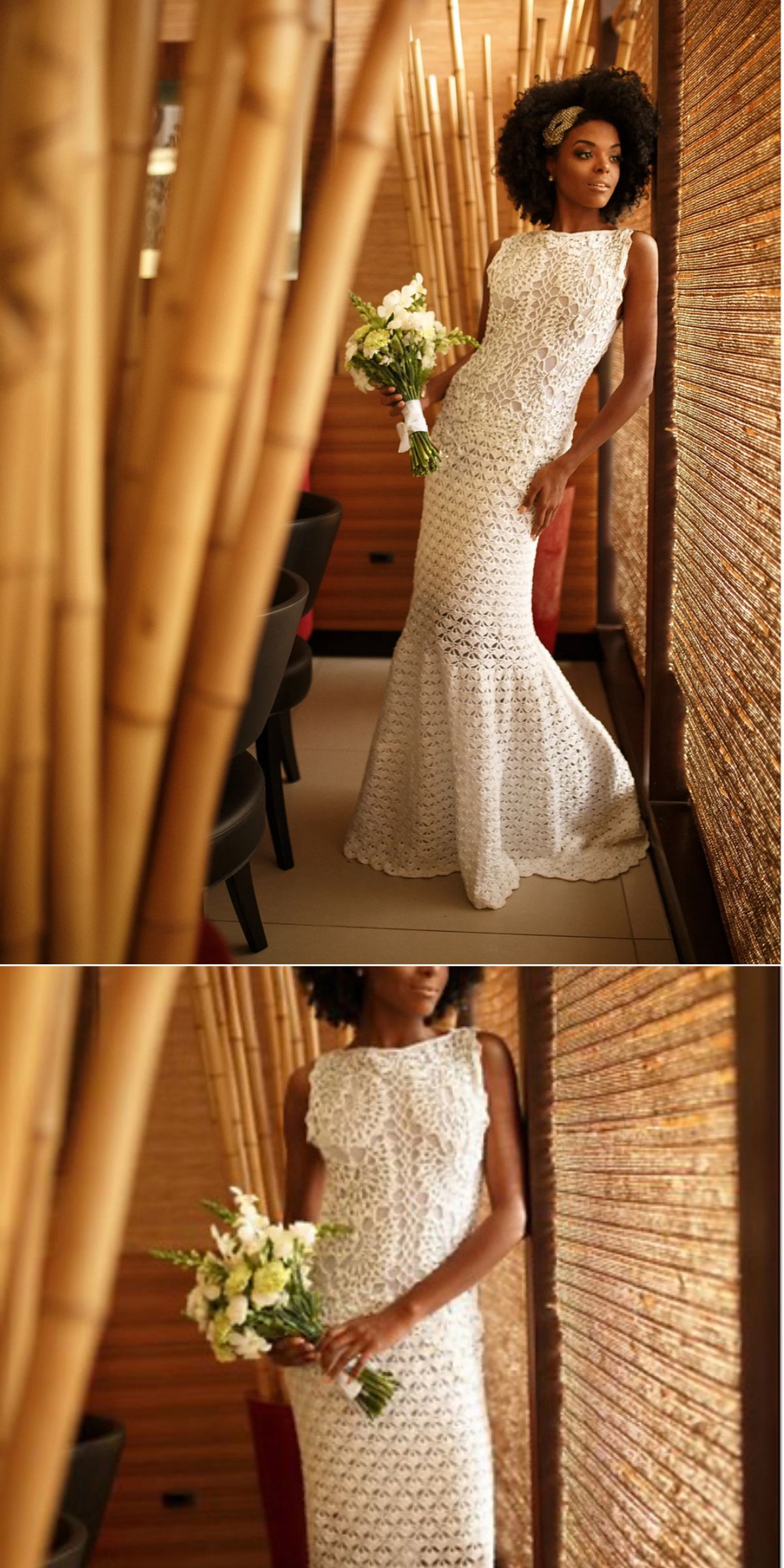 A woman in a white, sleeveless wedding crochet dress holds a bouquet of white flowers and stands in a bamboo-decorated space with wooden walls.