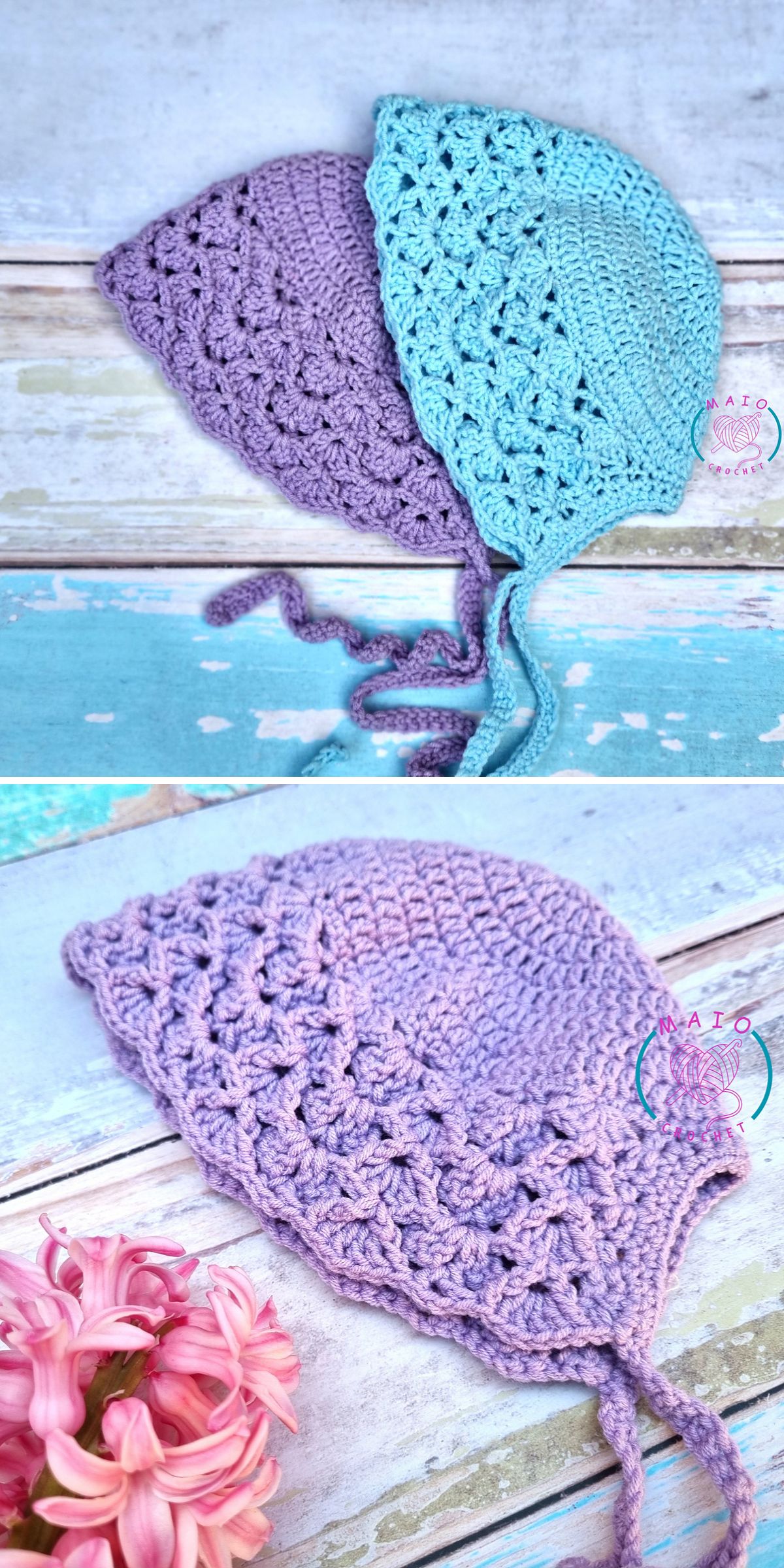 Two crochet bonnets, one light blue and one lavender, are displayed on a rustic wooden surface, with pink flowers beside the lavender crochet bonnet in the bottom image.