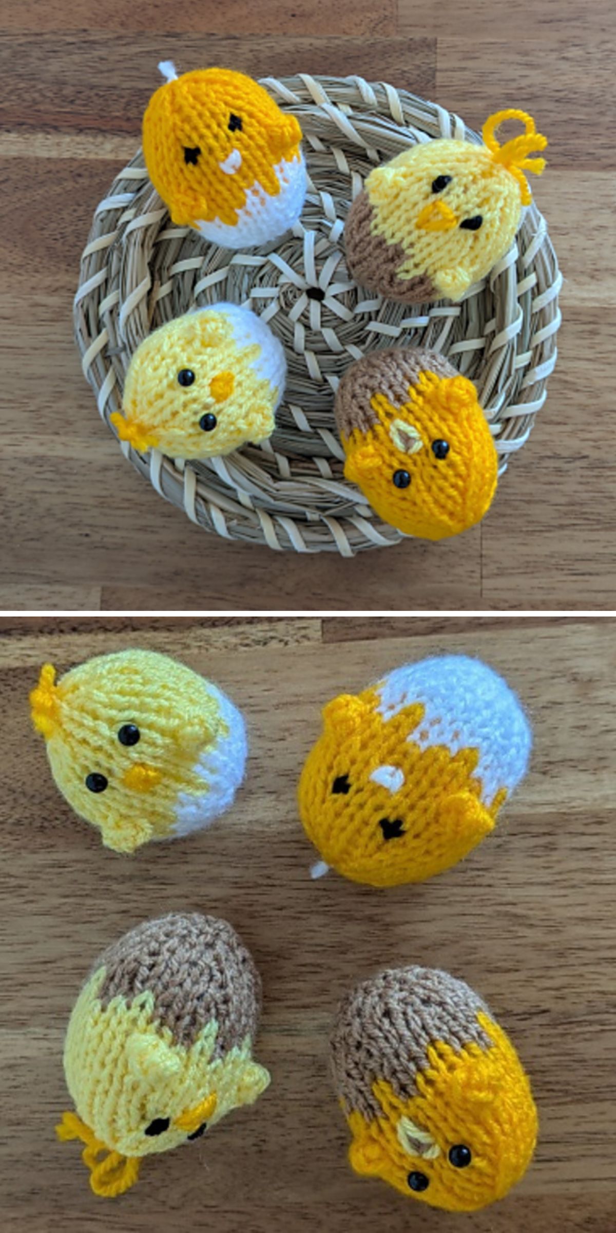 Two photos showing four hand-knitted chick figures, yellow and brown, placed on a woven basket and a wooden surface as charming knitted Easter decorations.