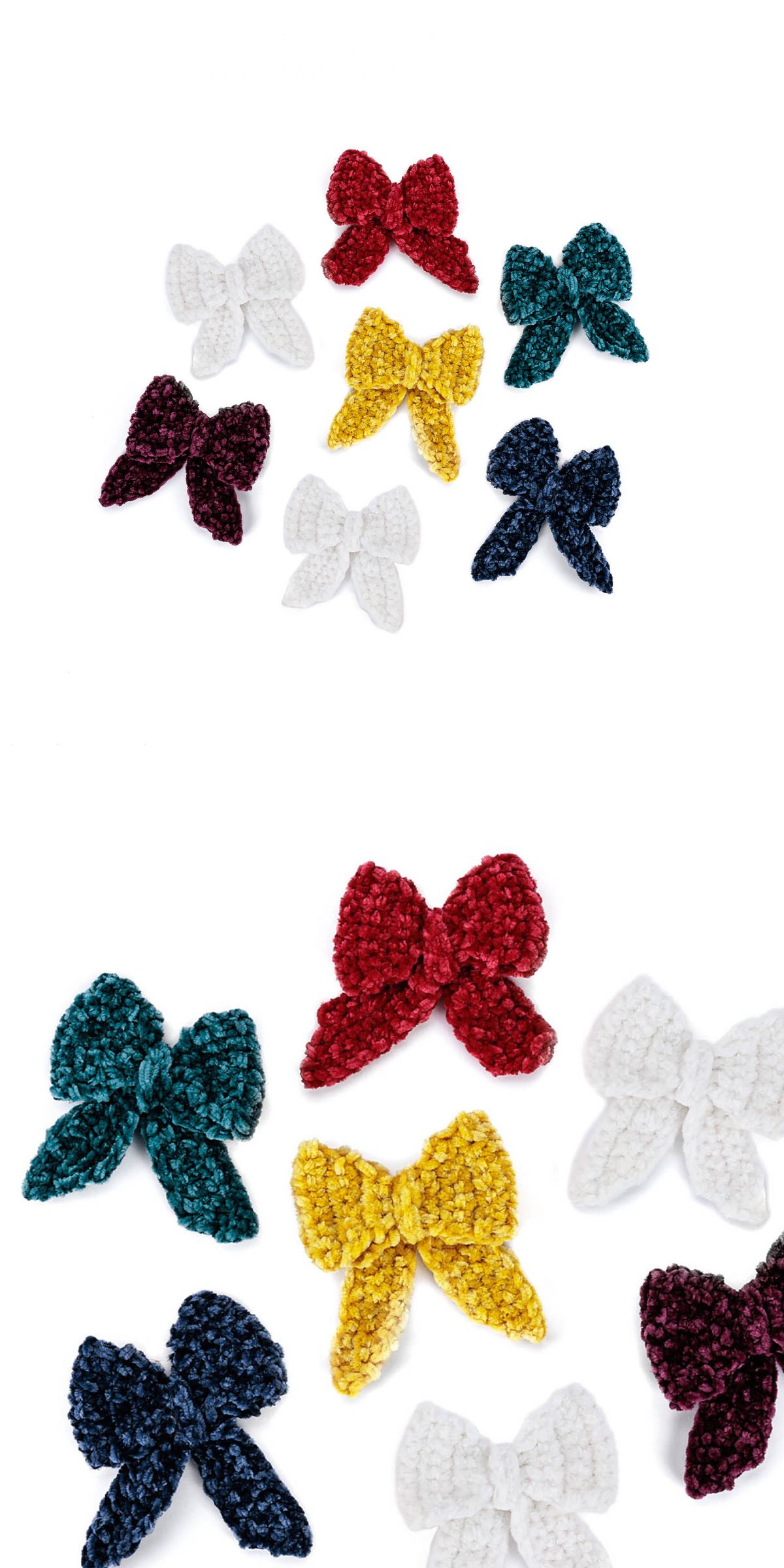 Eight textured crochet bows in various colors (red, yellow, green, navy blue, wine, and white) are arranged on a white background.
