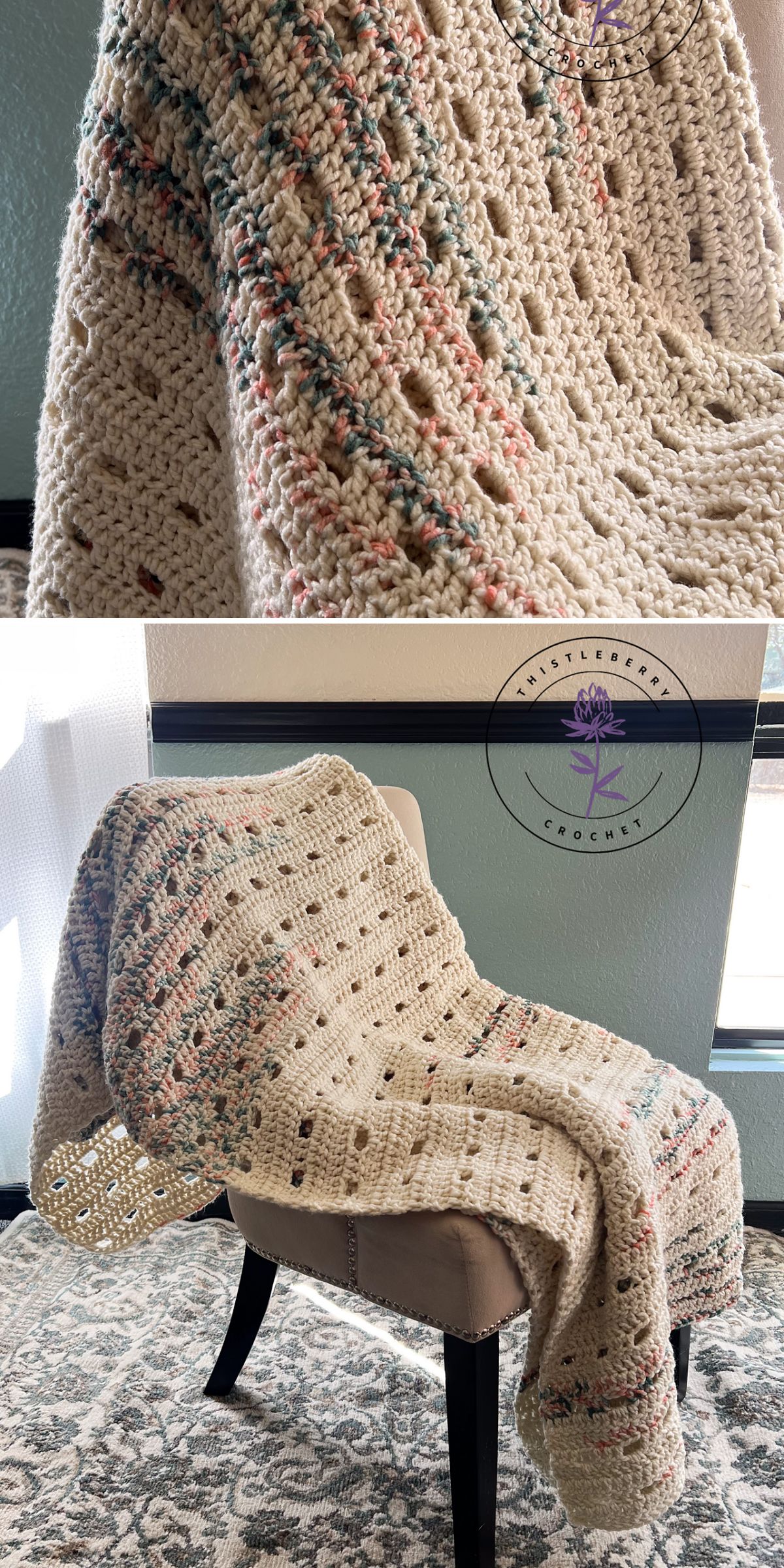 A filet crochet blanket with a beige base and multicolored speckles is draped over a light-colored chair in a softly lit room.