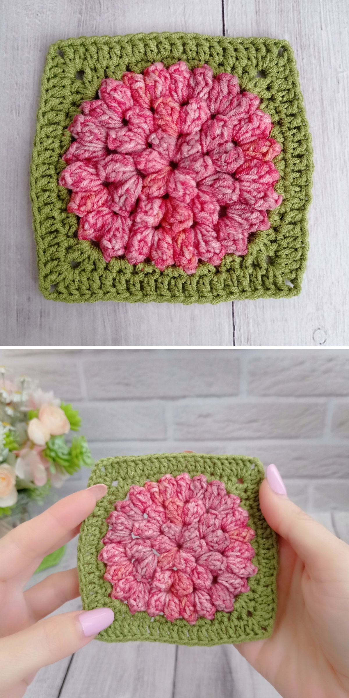 Crochet Flower Square featuring a textured pink flower pattern in the center with a green border, shown laid flat and held in hand.