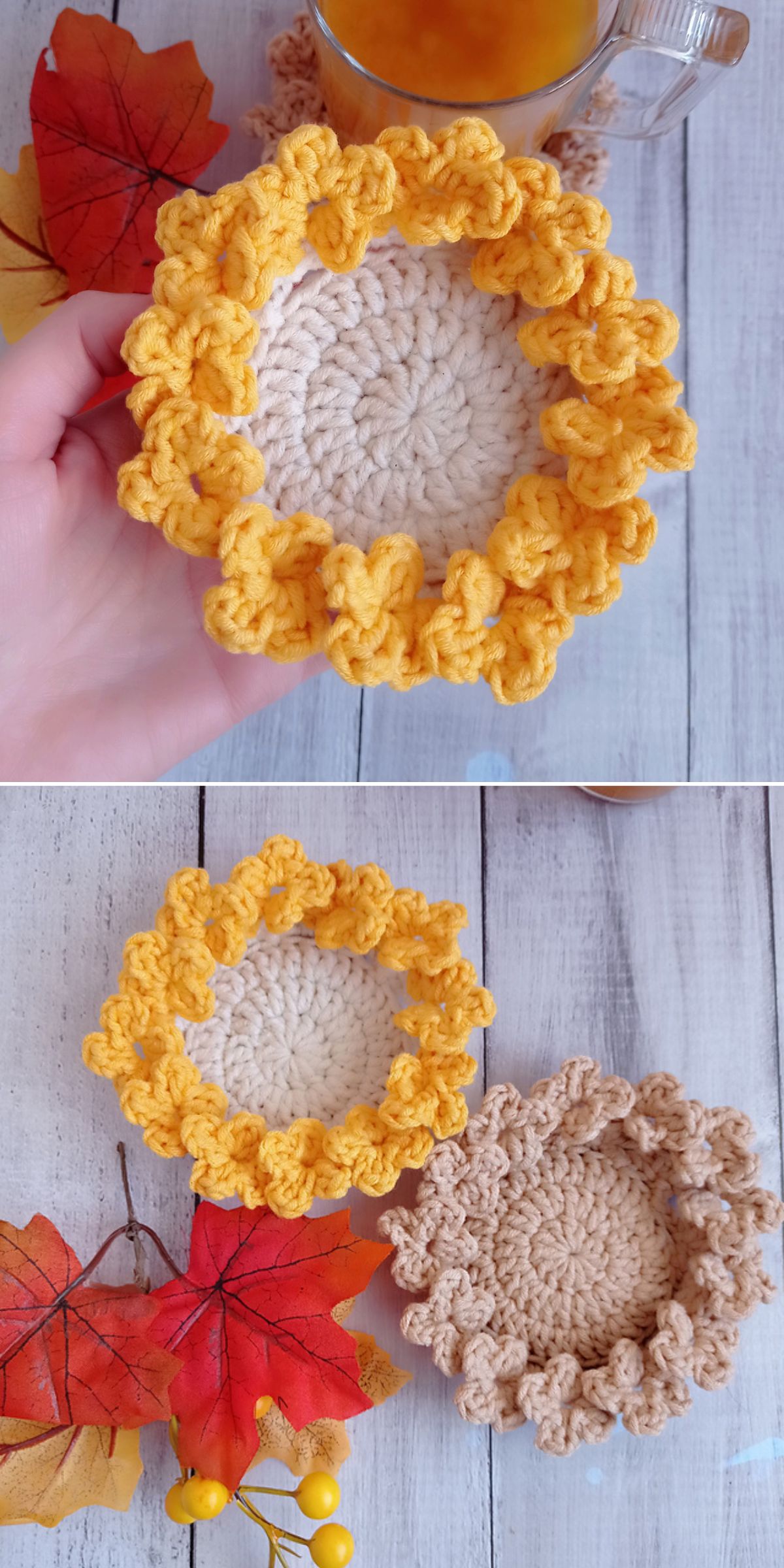 Two photos show crocheted sunflower coasters in yellow and beige yarn, placed on a wooden surface with artificial autumn leaves and a glass mug.