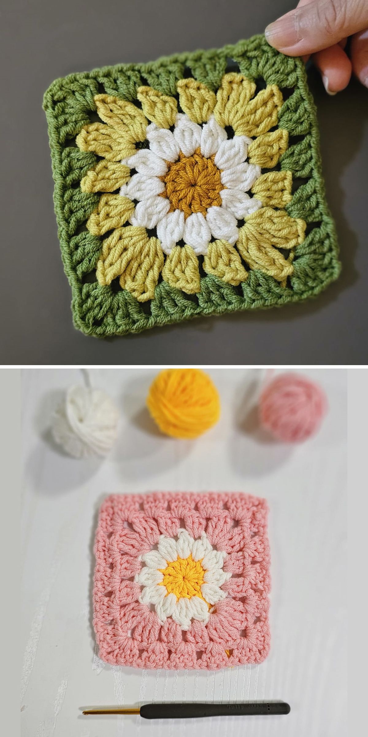 Two crocheted sunflower granny squares, including a vibrant Crochet Flower Square in green and yellow held by a hand, and another in pink and yellow beside yarn balls and a crochet hook.