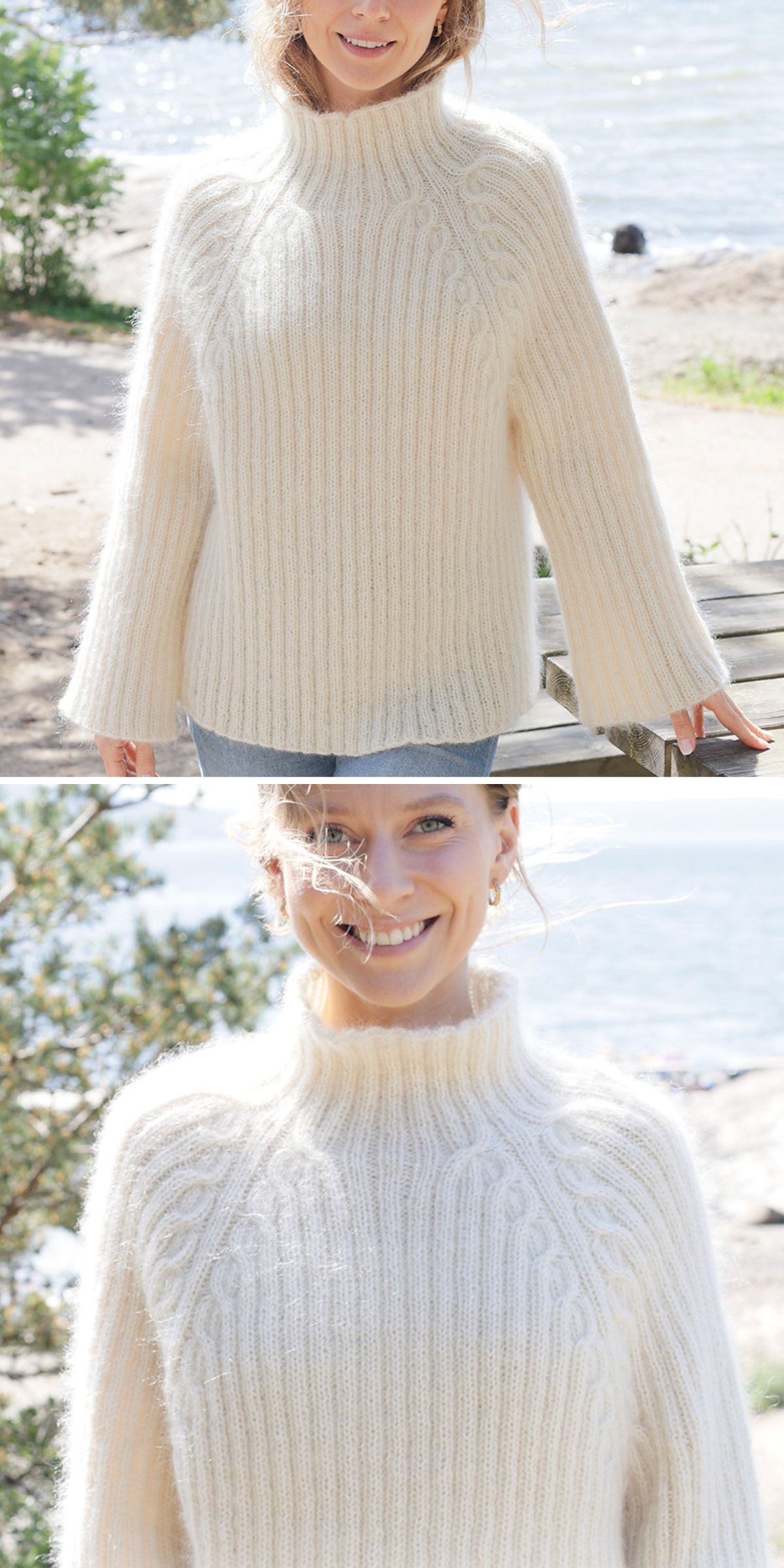 A woman stands outdoors by water, wearing a cream-colored, ribbed knit sweater with a high collar and cable details along the shoulders—an inspiring choice for those seeking knitting patterns for sweaters.