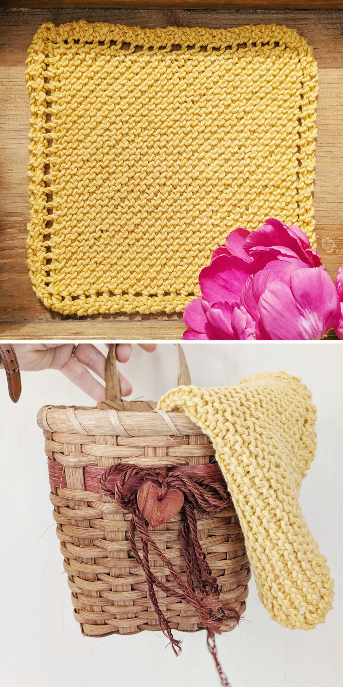 Two images: a yellow knit washcloth with a pink flower on wood, and the same cloth draped over the side of a woven basket featuring a heart-shaped accent.
