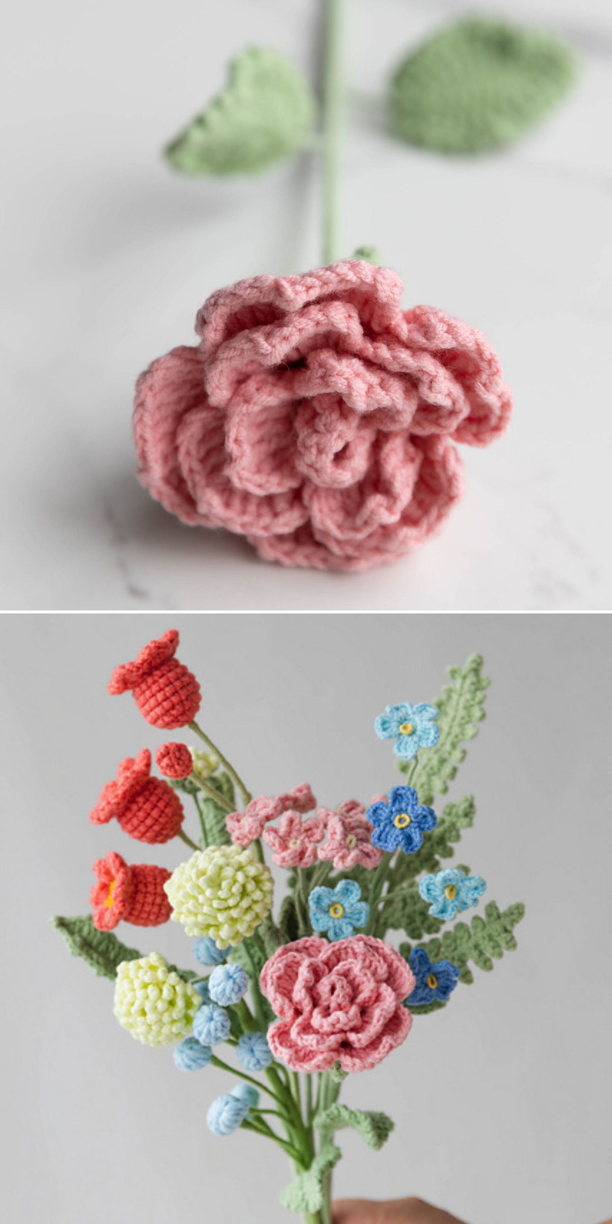 Two images show crocheted flowers: the top features a single pink rose, while the bottom displays a colorful bouquet of various crocheted flowers and greenery.