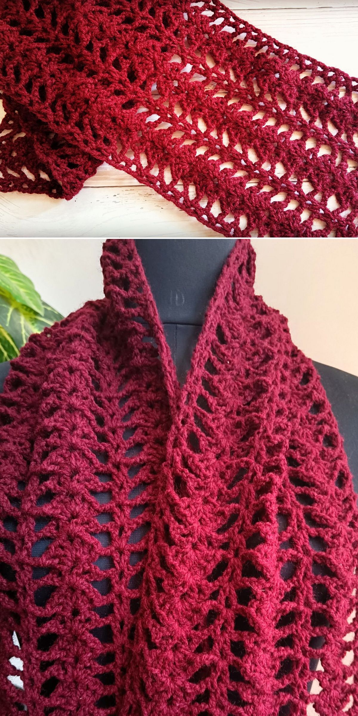 A burgundy crochet skinny scarf with an open, lacy pattern is displayed folded and worn on a mannequin.