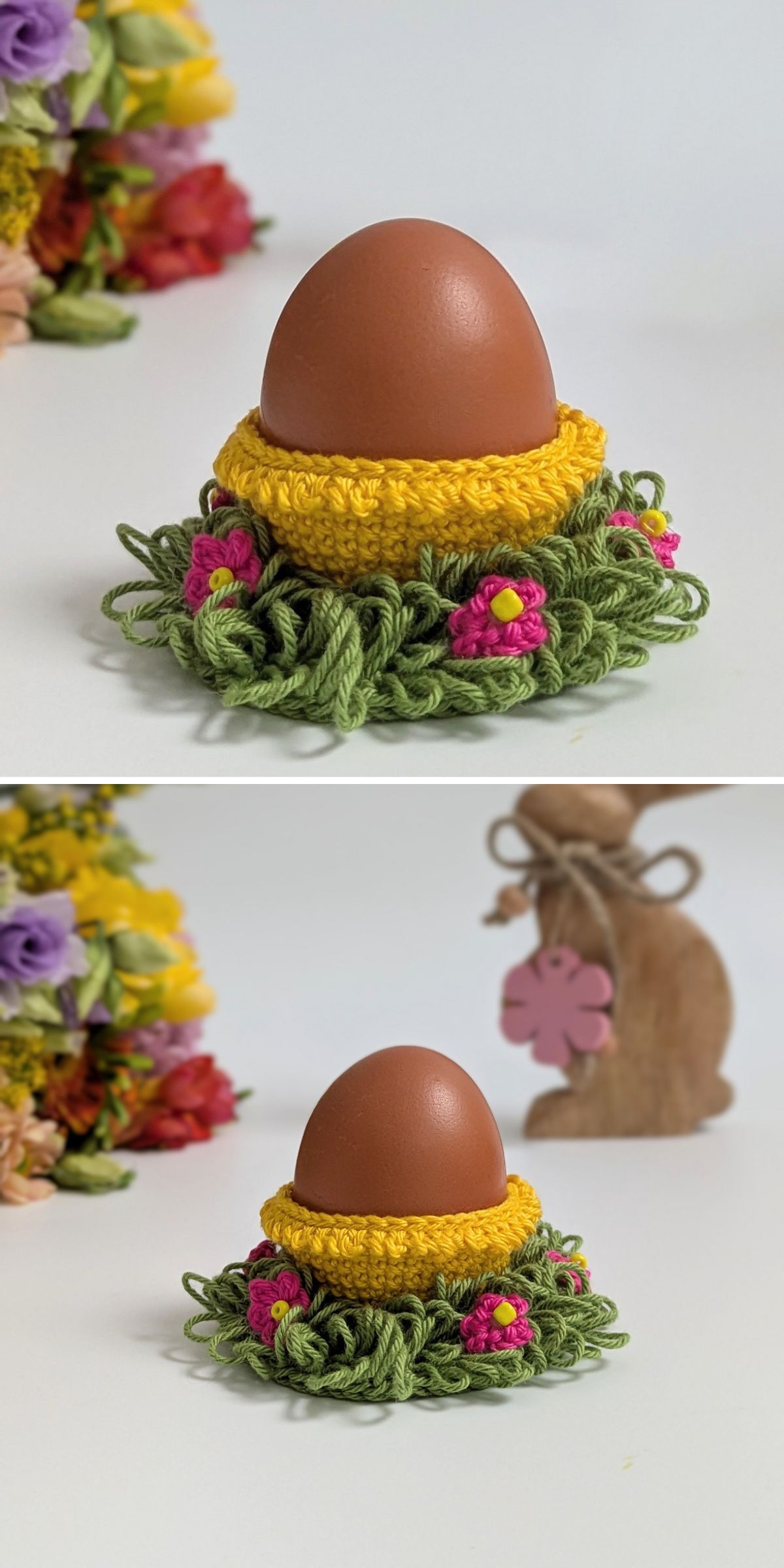 A brown egg sits in a yellow and green crochet Easter decor holder with pink flower accents, shown from the front and back with floral decorations in the background.