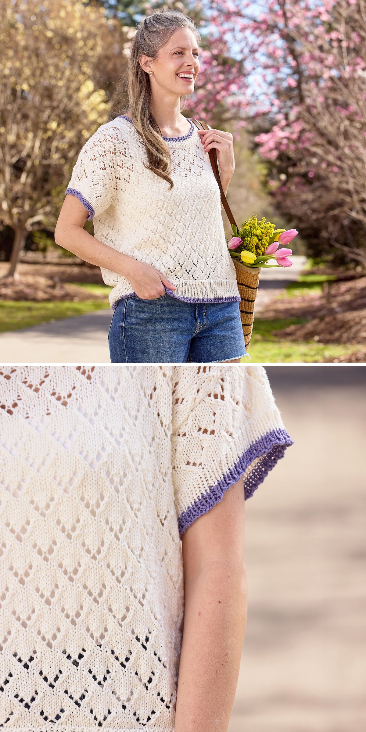A woman outdoors wears a white short-sleeve knit top with a lacy pattern and purple trim, holding a basket of pink tulips; close-up shows the knit texture and sleeve.