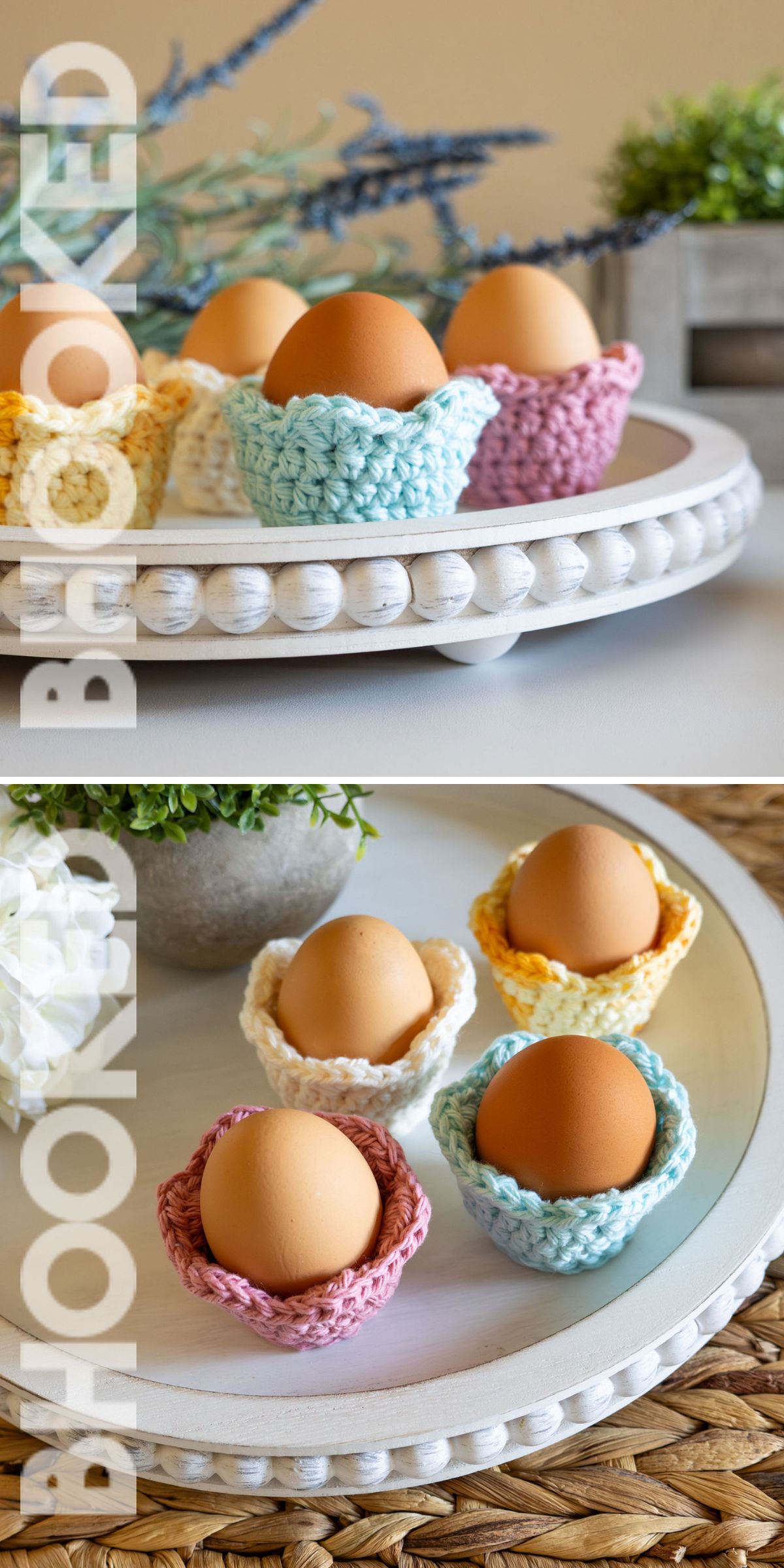 Brown eggs are placed in small, pastel-colored crochet easter decor holders on a round, white tray with beaded edge detail.