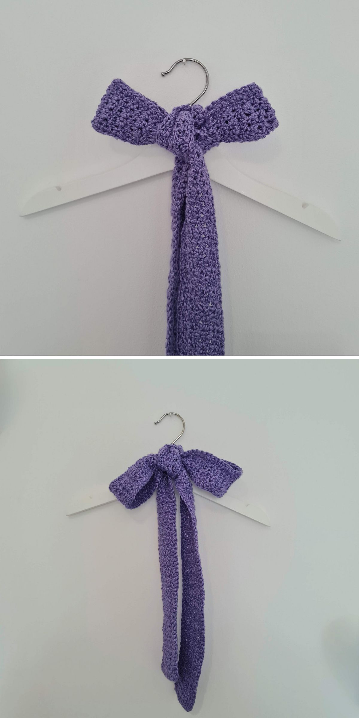 Two images display a lavender crochet bow and matching scarf draped over a white clothes hanger, set against a plain white wall.