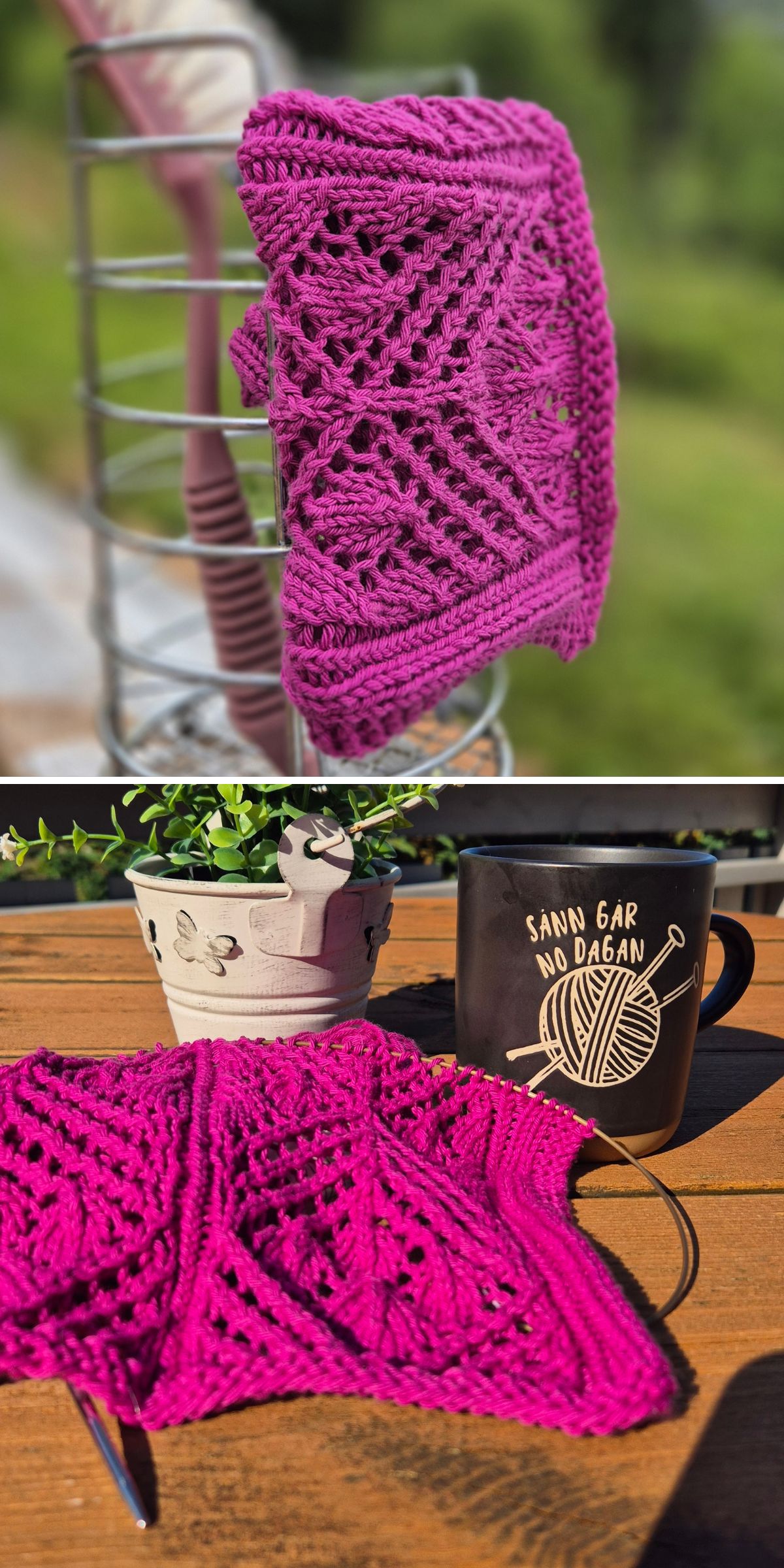 A magenta lace-knit washcloth is shown draped over objects outdoors: first on a basket handle, then beside a mug, plant pot, and knitting needles.