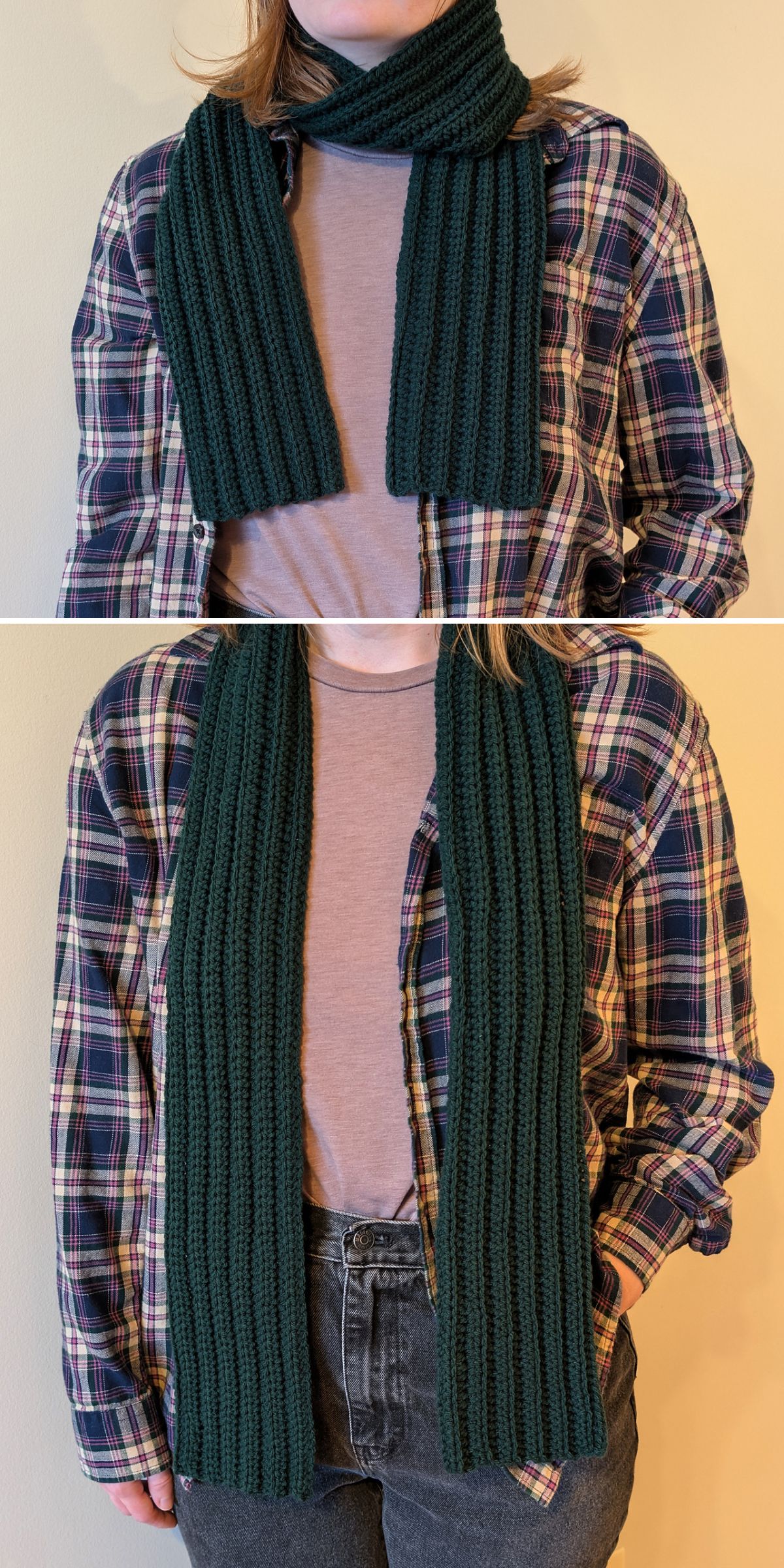 A person wearing a dark green scarf inspired by free crochet patterns in green, styled over a plaid shirt and gray t-shirt, shown from the shoulders down in two different ways.