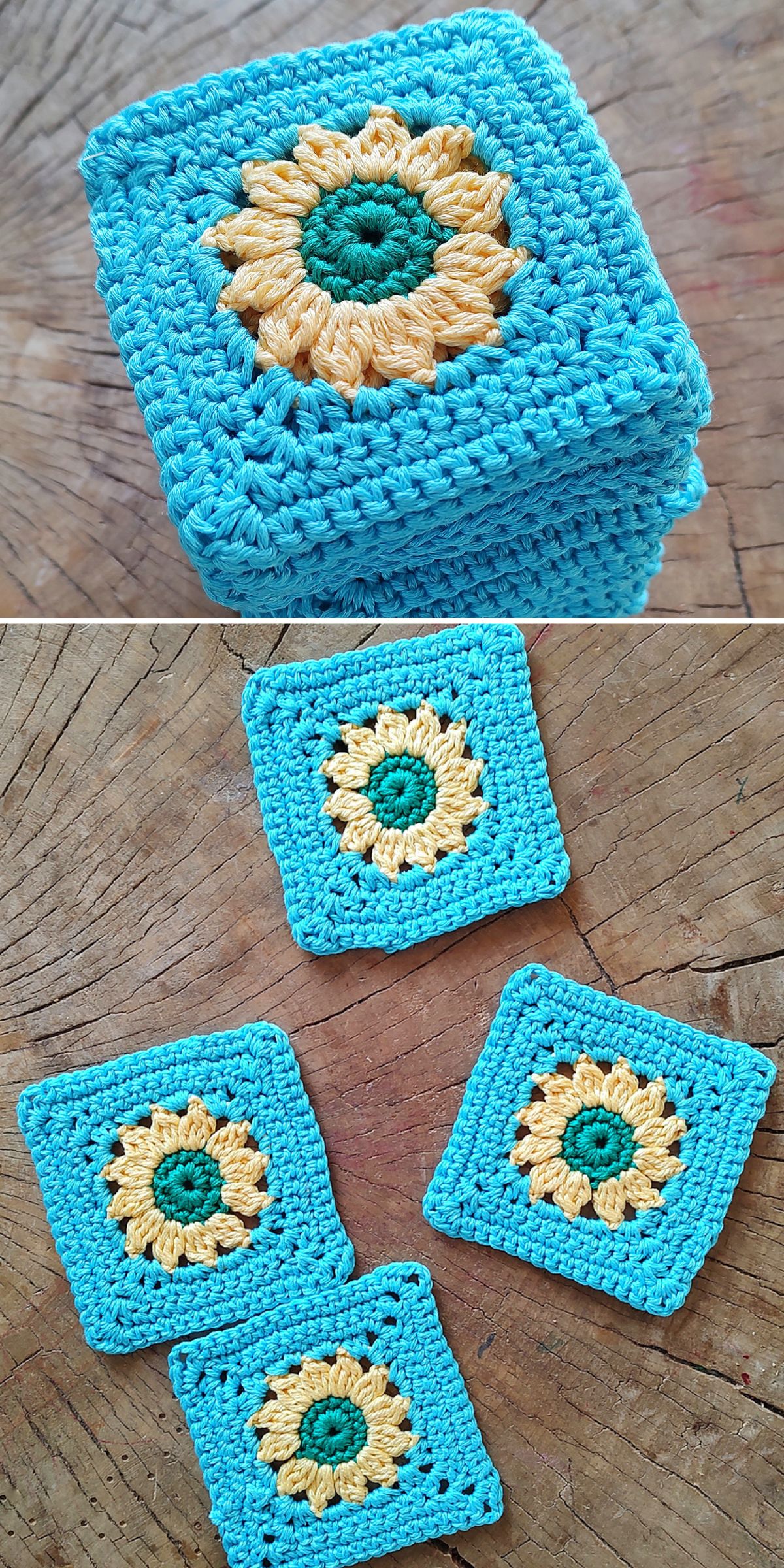 Stacked and spread crocheted blue squares with a yellow and green sunflower Crochet Flower Square pattern in the center, displayed on a wooden surface.
