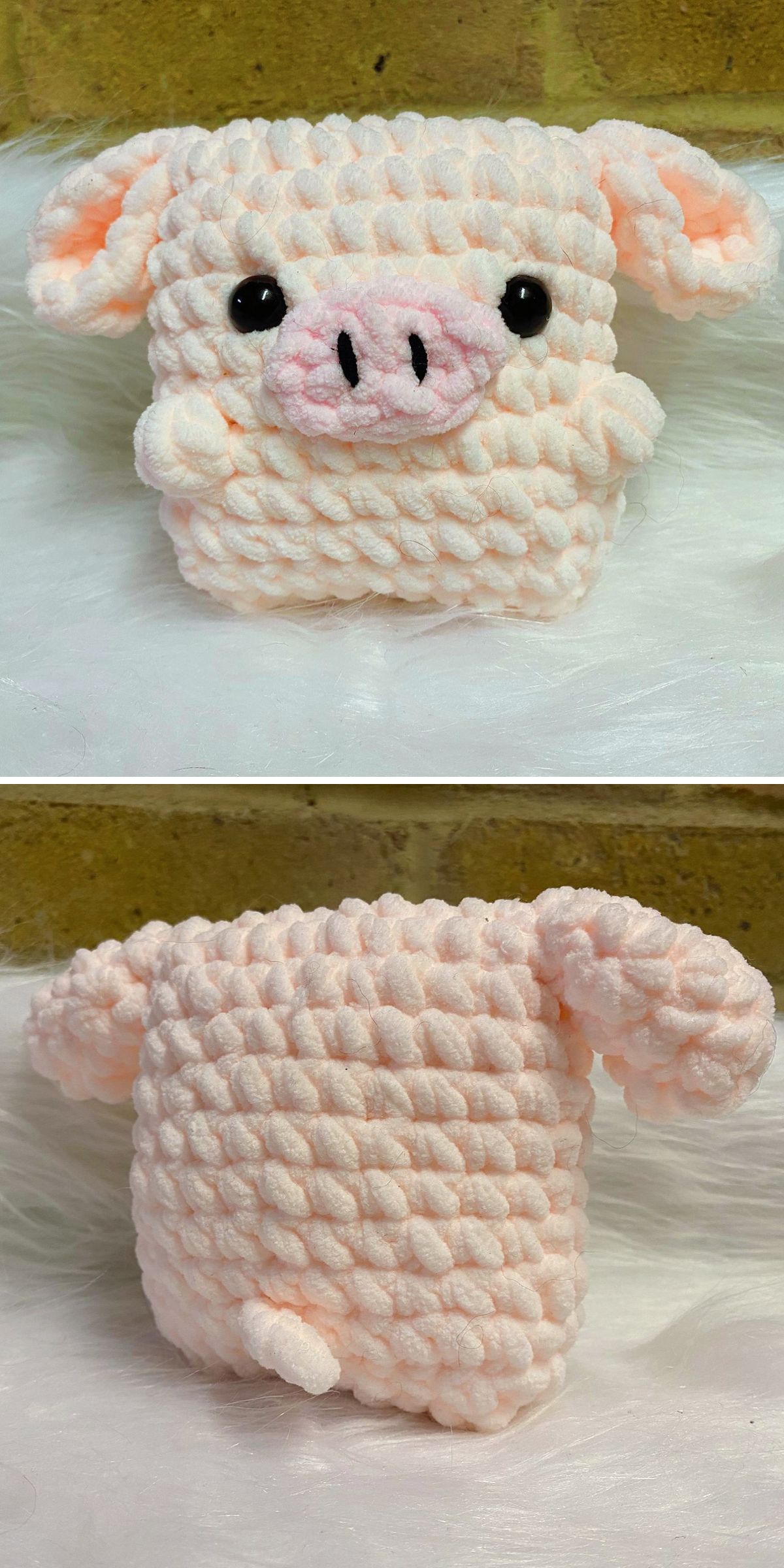 Two views of handmade amigurumi pigs, crocheted with textured pink yarn, black bead eyes, a snout, floppy ears, and a small curly tail, displayed on a white surface.