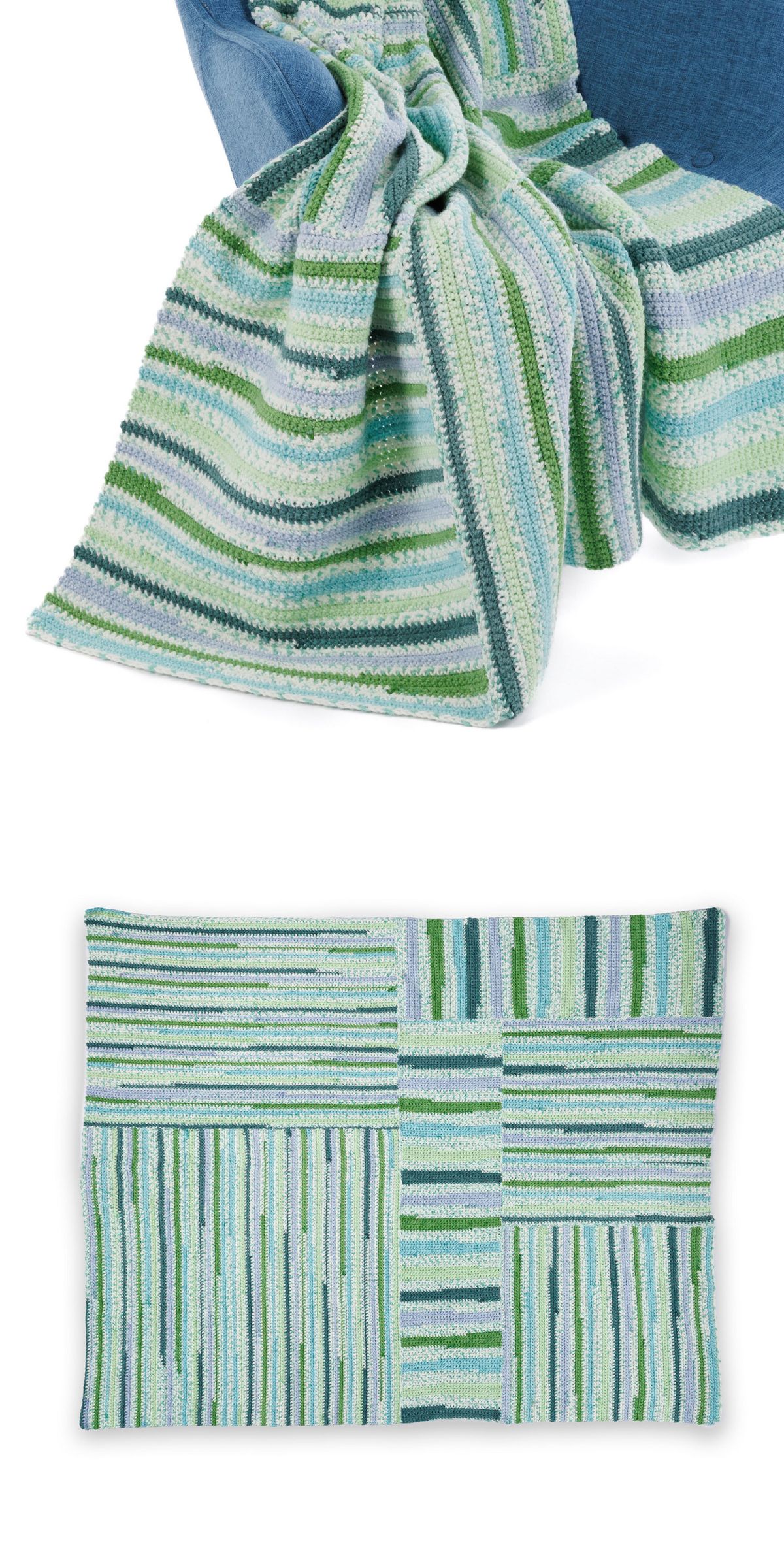 A crochet blanket in blue, green, and white stripes draped over a chair, inspired by free crochet patterns in green; the second image highlights its flat, geometric striped pattern.