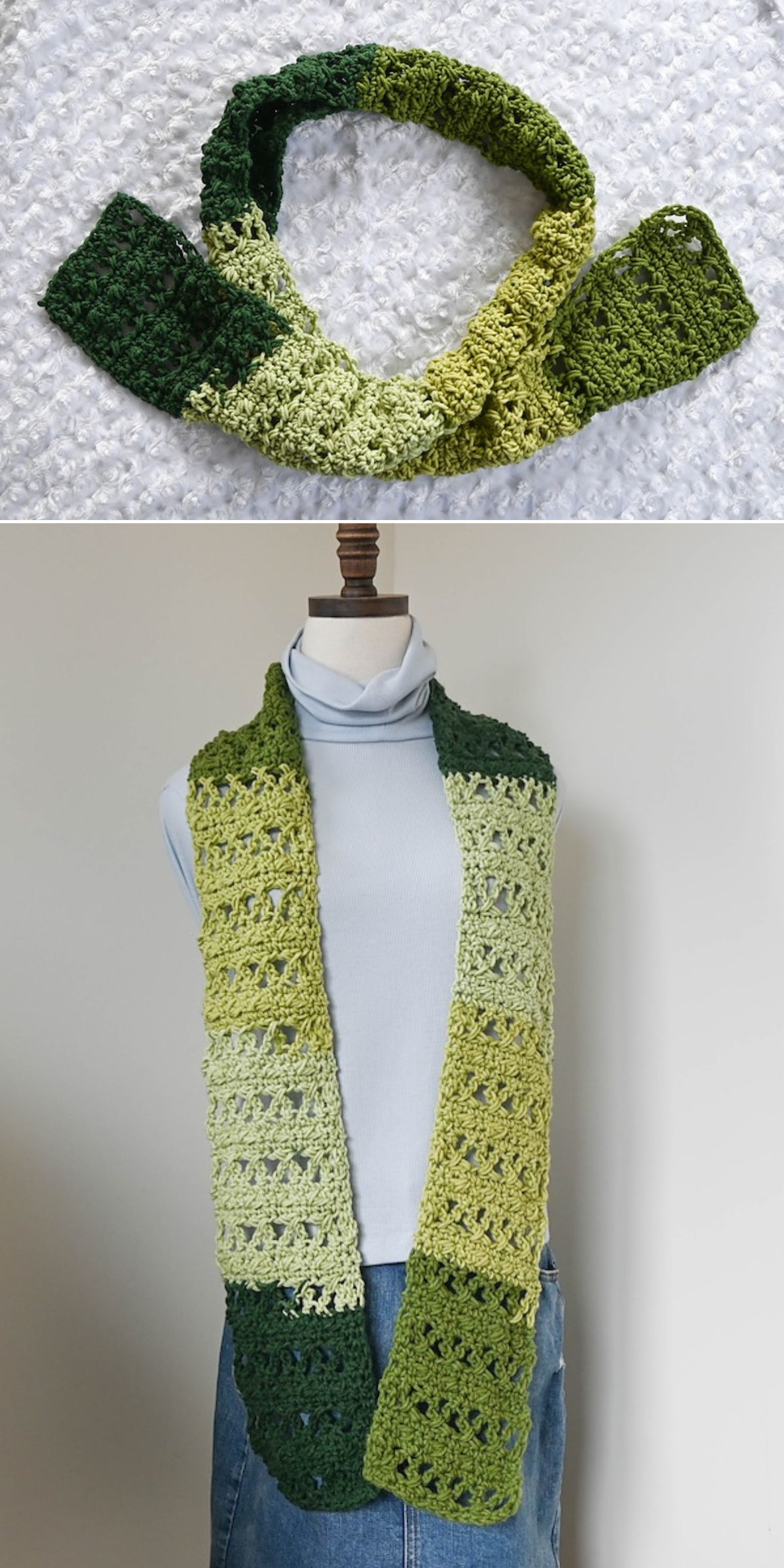 A crocheted scarf in varying shades of green, made using free crochet patterns in green, is shown laid out flat in one image and draped over a mannequin in another.