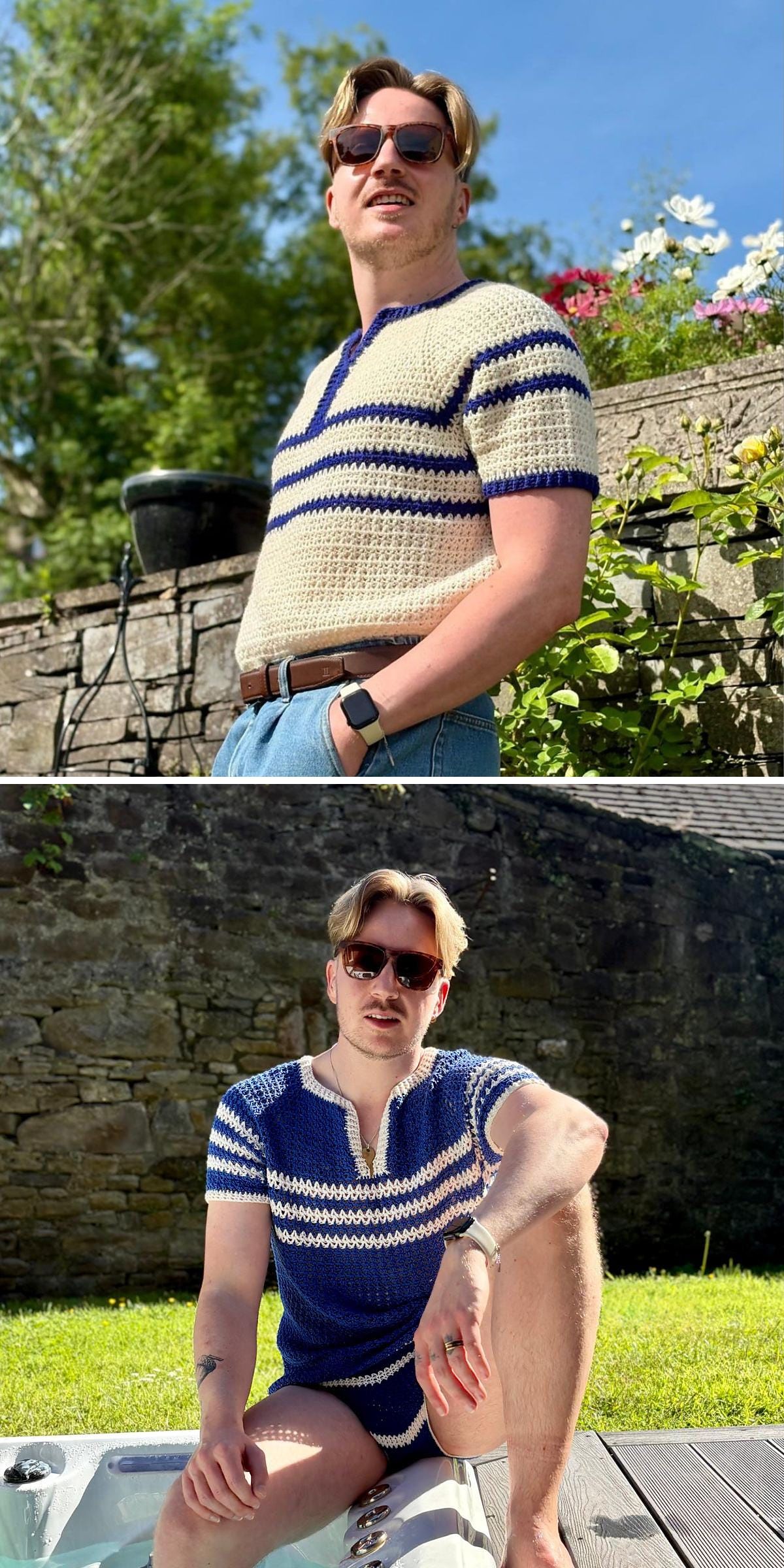 A man wearing sunglasses and a blue-and-cream striped crocheted men’s shirt poses outdoors, standing in the first image and sitting by a hot tub in the second, with greenery and stone walls in the background.