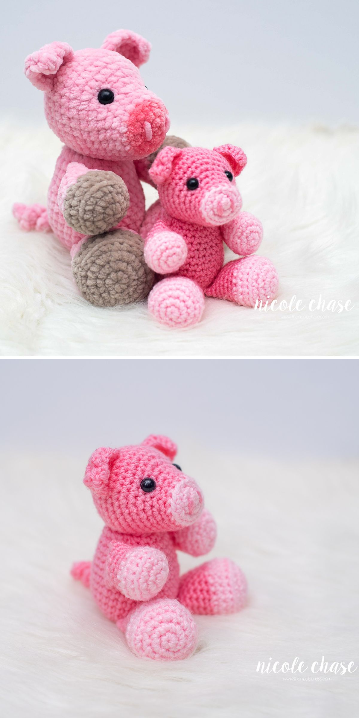 Two crocheted amigurumi pigs, one larger and one smaller, sit on a white, fuzzy surface in the top image; only the smaller pig is shown in the bottom image.