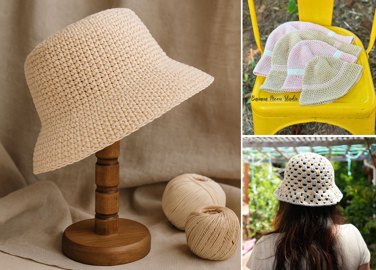 Three images: a crochet bucket hat in cream displayed on a wooden stand with yarn balls, four colorful crochet hats arranged on a yellow chair, and someone outdoors wearing a black and white crochet bucket hat.