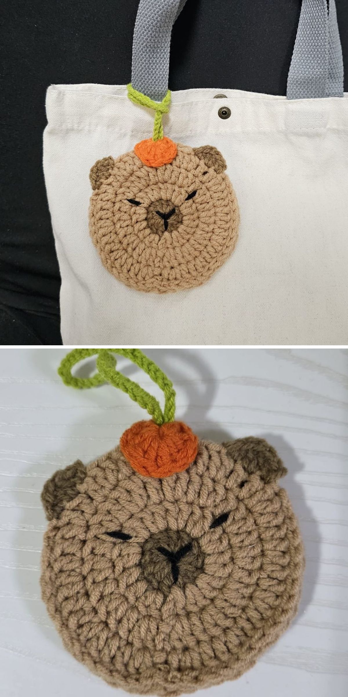 Two images show a crocheted capybara pouch with an orange beret, attached to a white tote bag and displayed separately on a white surface.