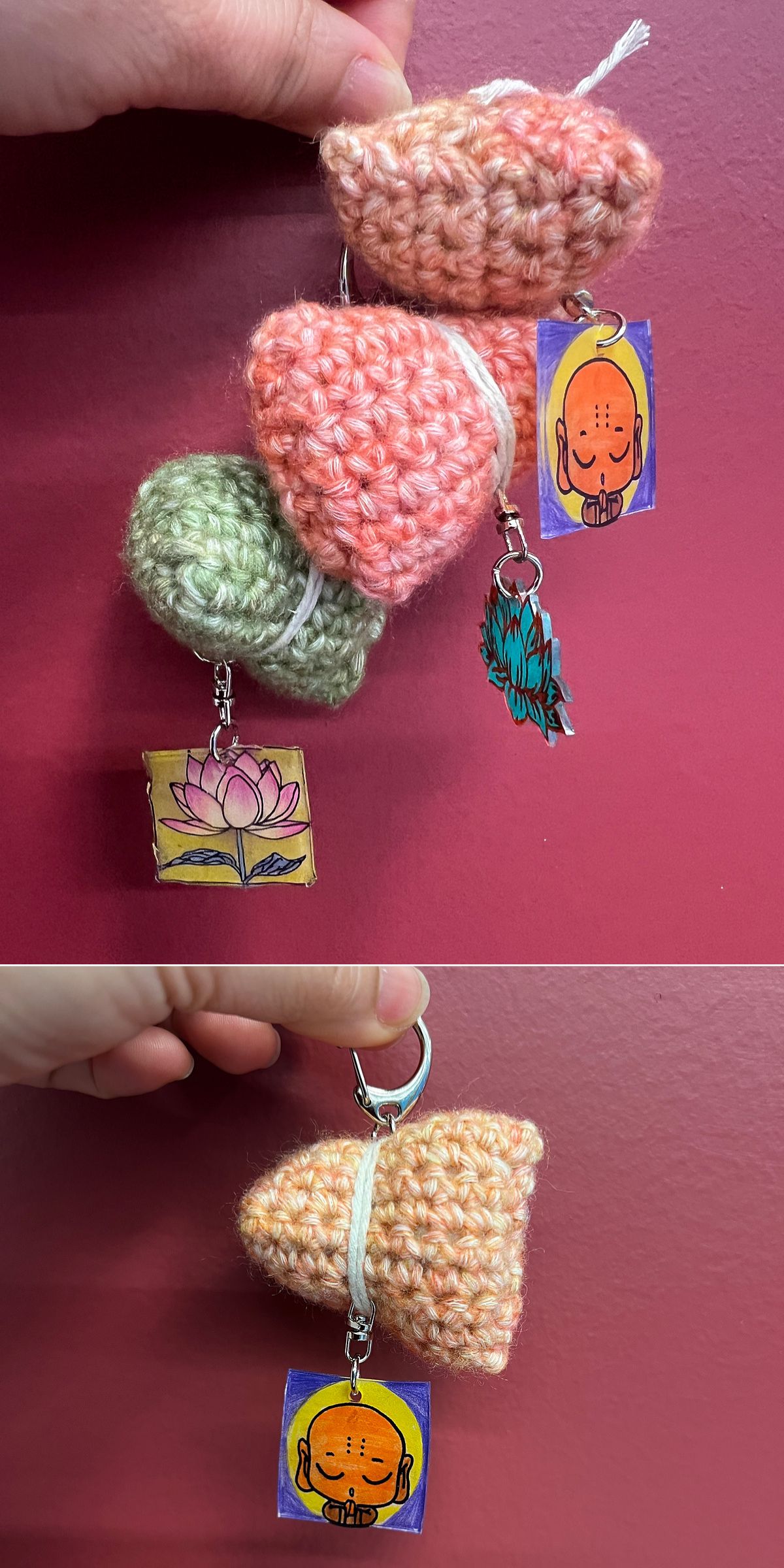 Two photos show a hand holding a crochet keychain featuring three crocheted zongzi sachets in pink and green, each attached to a small illustrated charm with images of a lotus and a meditating figure.
