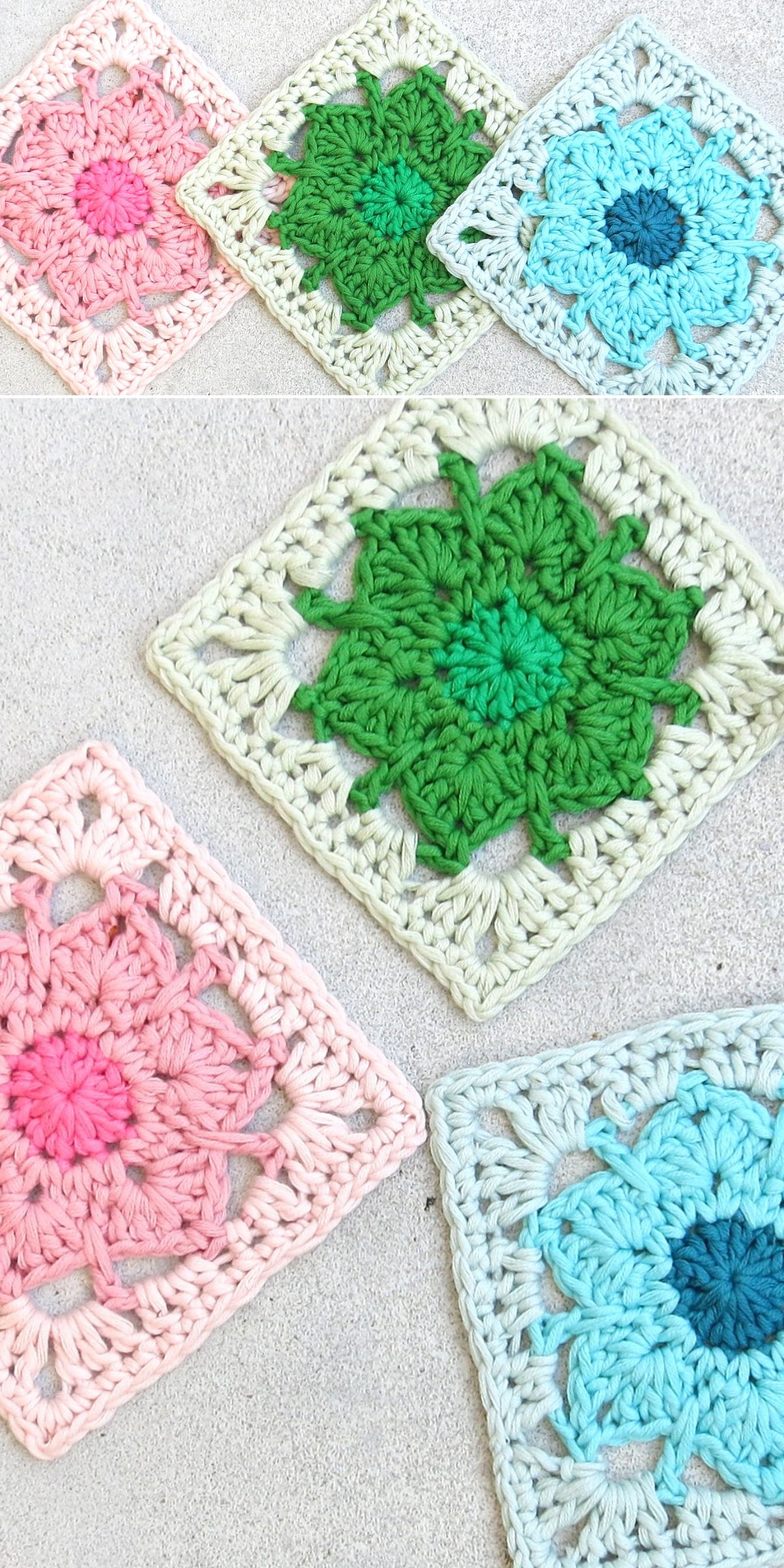 Crocheted granny squares in pink, green, and blue yarns are arranged on a light surface, each featuring a crochet flower square design with floral patterns and textured stitching.
