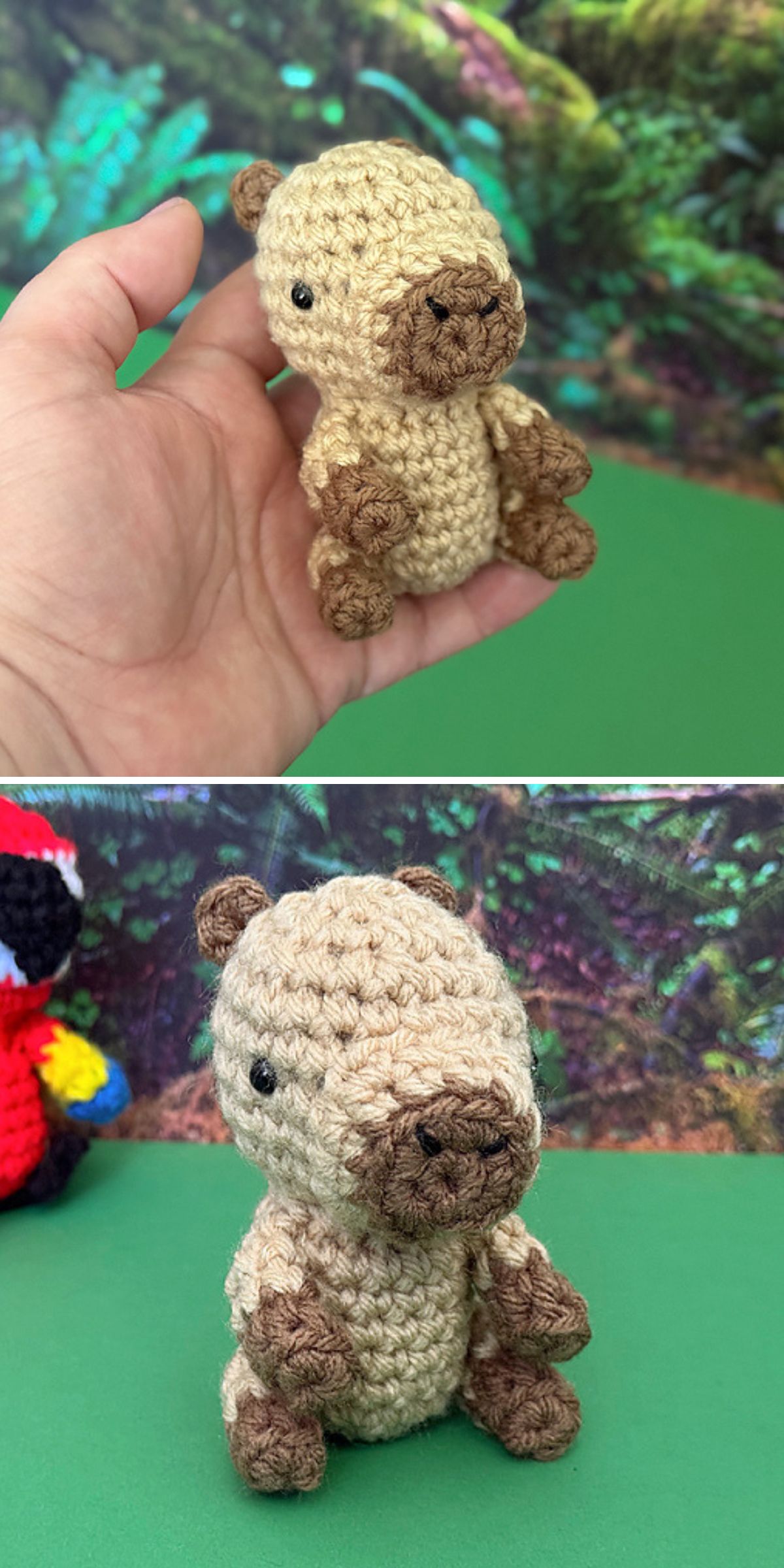 Two photos of a crochet capybara toy: one shows the small, brown figure being held in a hand; the other features it sitting on a green surface with a crocheted parrot in the background.