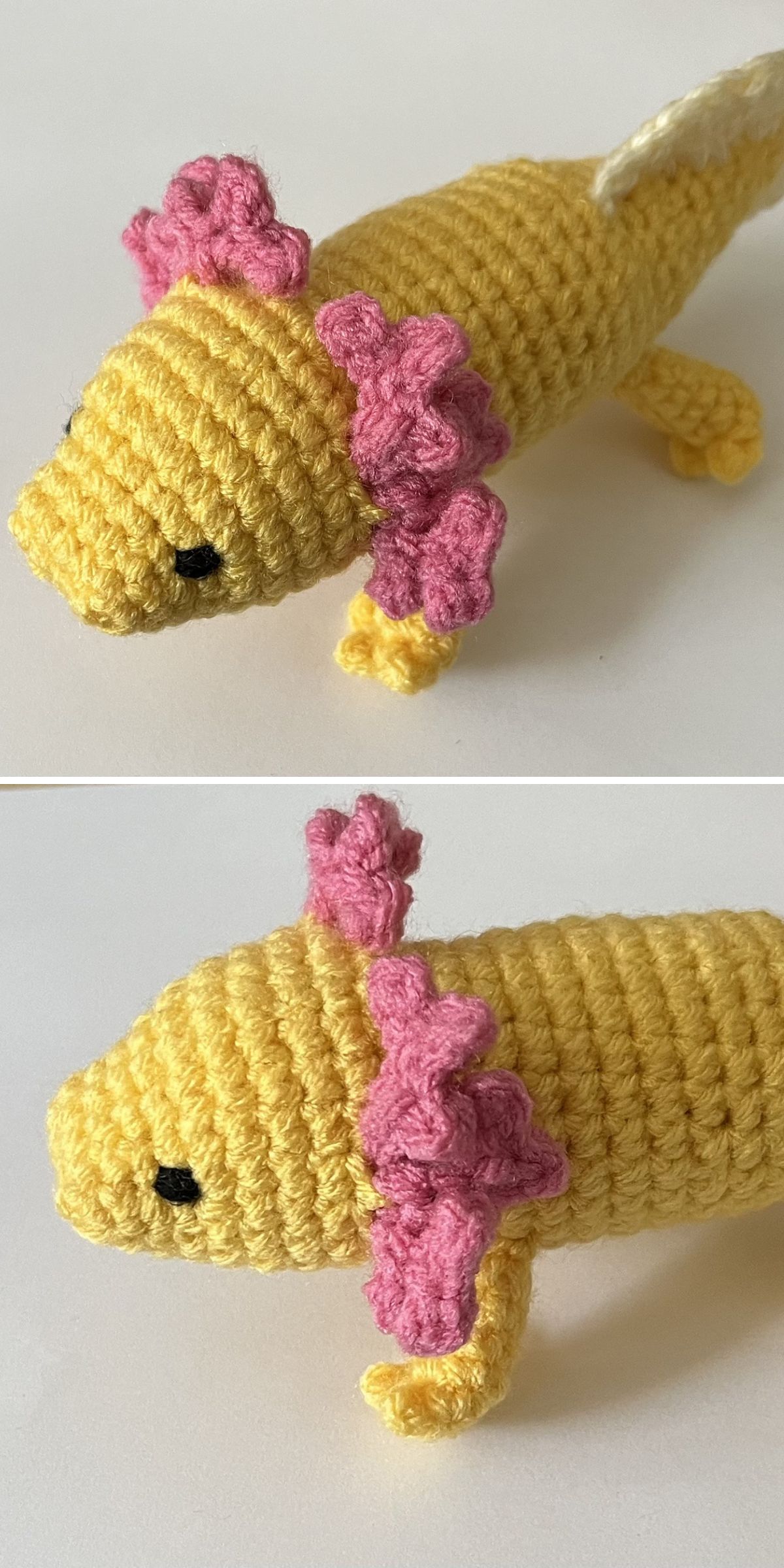 A crochet axolotl in yellow with pink frills and black eyes is displayed from two angles against a white background.
