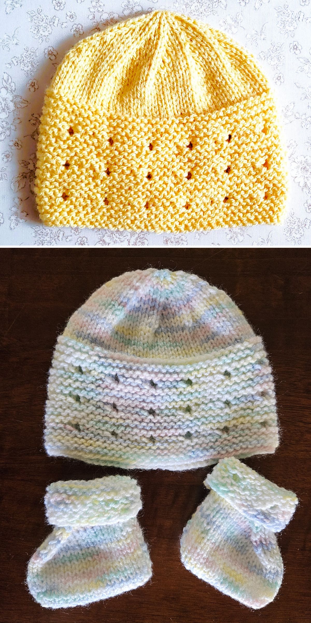 Two knit baby hats, one yellow with a simple eyelet pattern and one multicolored with matching baby booties, are displayed on separate backgrounds.