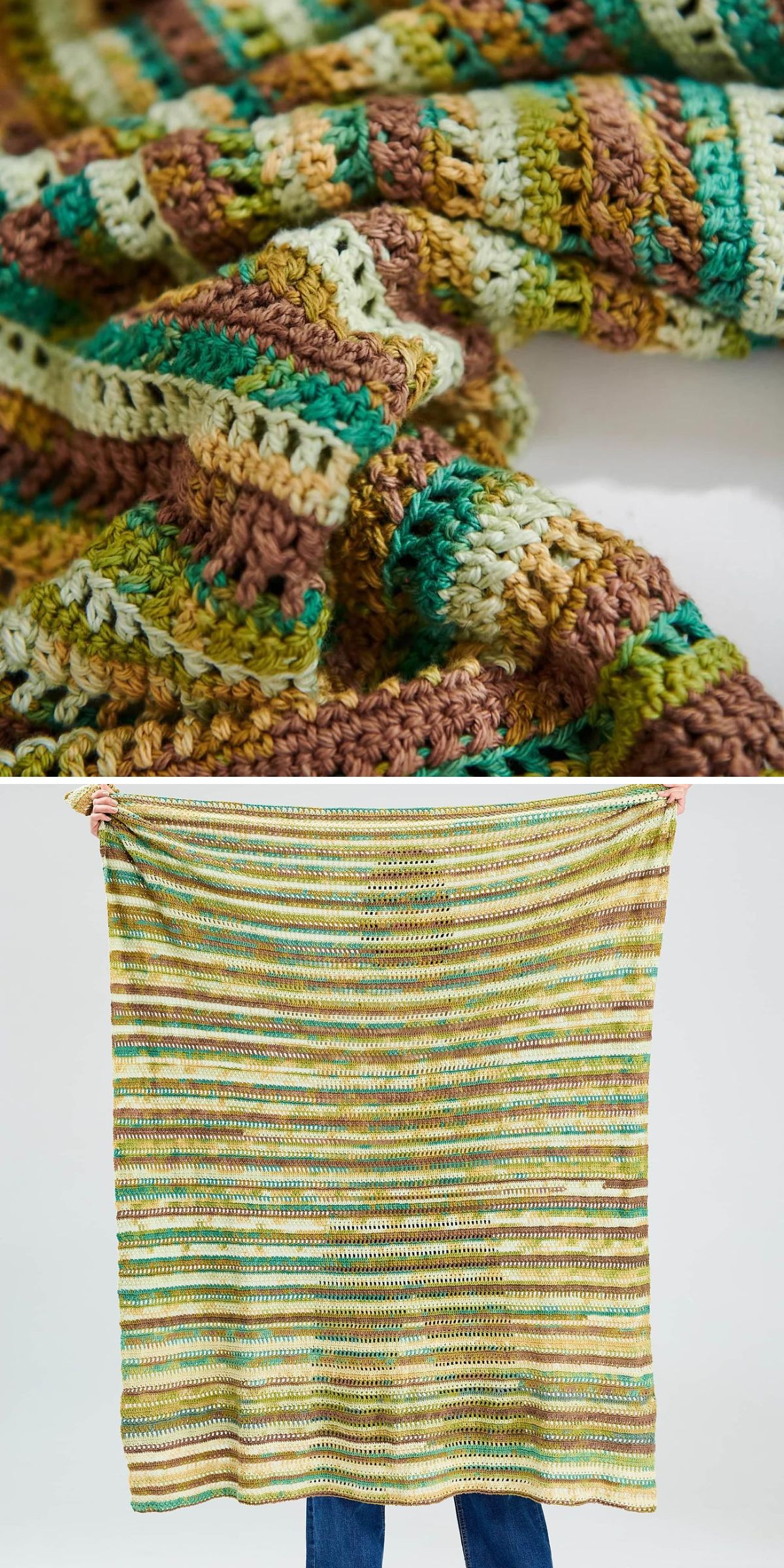 A close-up and full view of a striped, multicolored crocheted blanket in shades of green, yellow, brown, and cream—perfect inspiration for those seeking free crochet patterns in green—held up against a plain background.