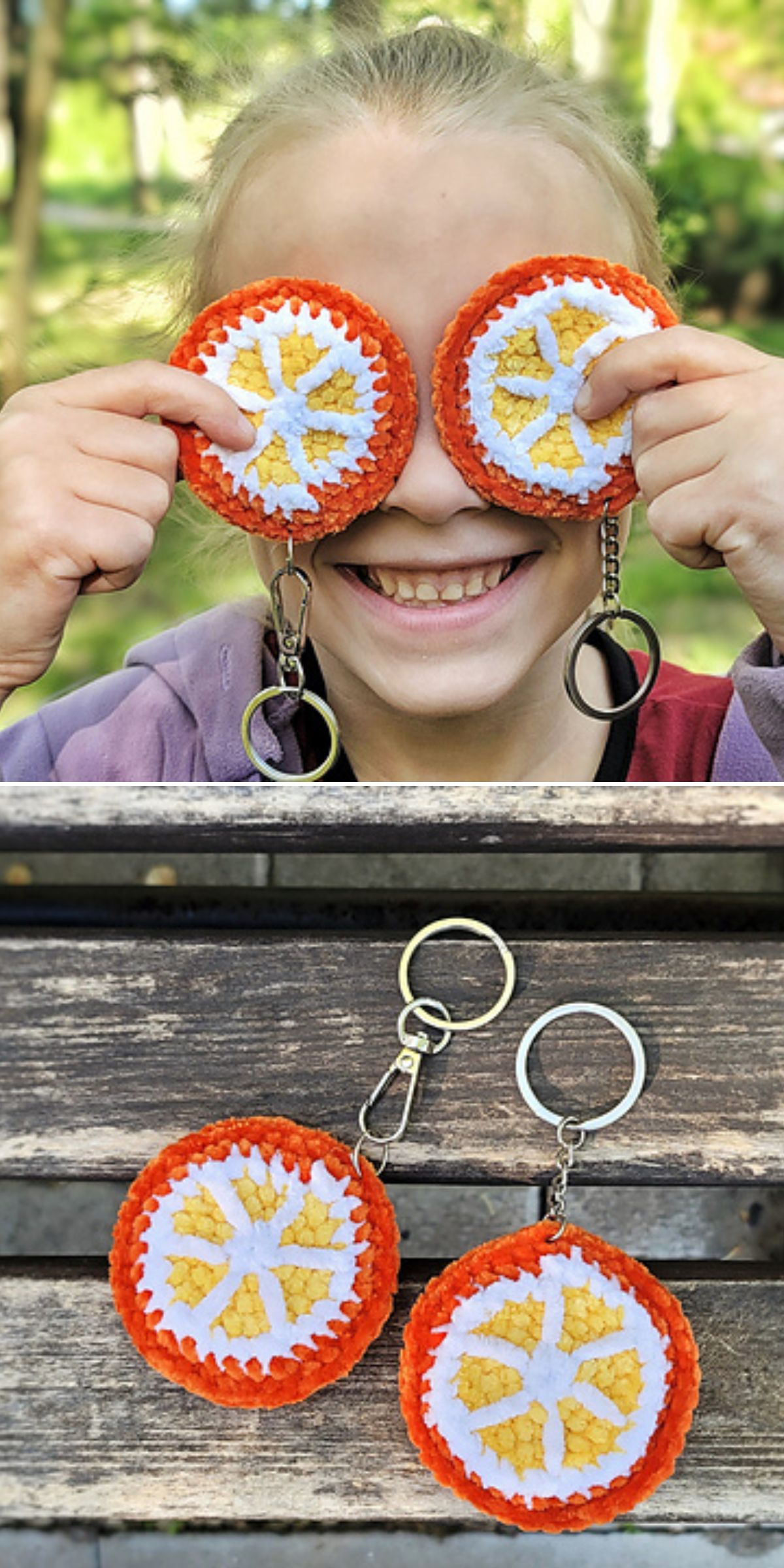 A child holds two round, crochet keychain orange slices over their eyes. Below, both crochet keychains are displayed on a wooden surface.