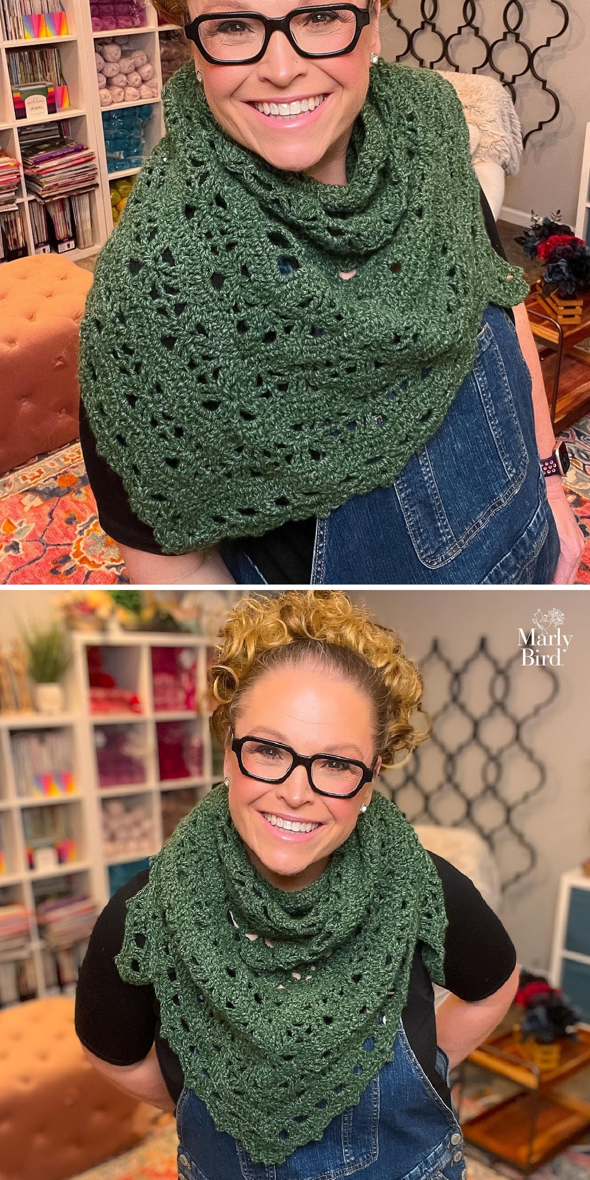 A smiling person wearing glasses and a green crocheted shawl — made from free crochet patterns in green — over a black shirt and denim overalls, standing in a colorful room with yarn shelves.