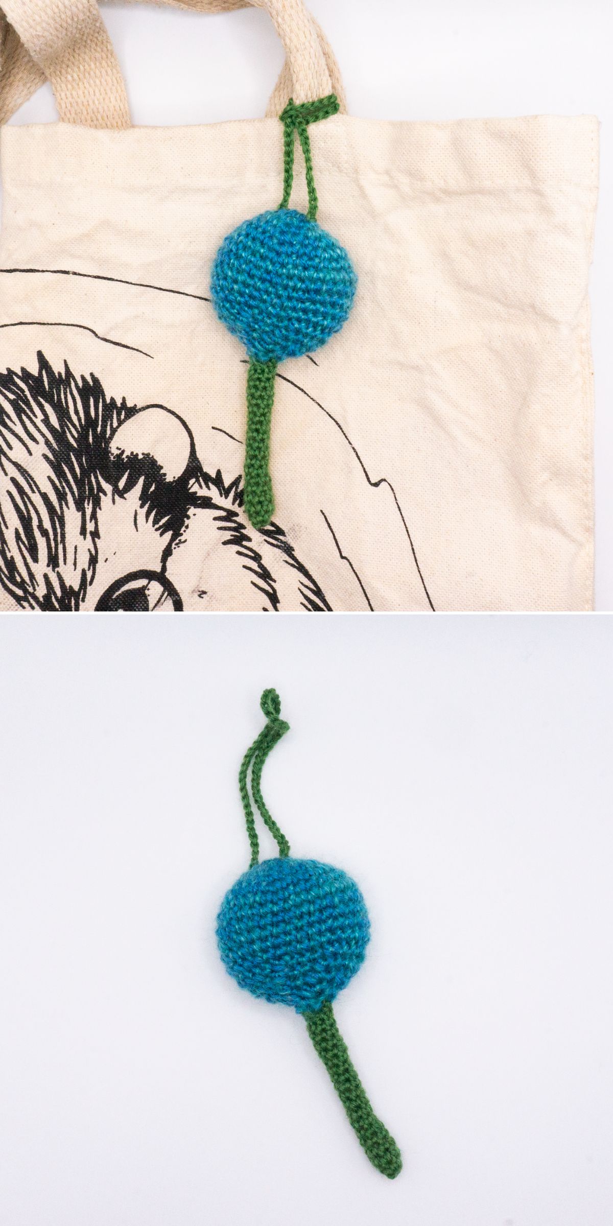 A crocheted blue circle with a green stem and loop, resembling a flower or fruit, serves as a charming crochet keychain — attached to a beige tote bag in the first image and displayed alone in the second.