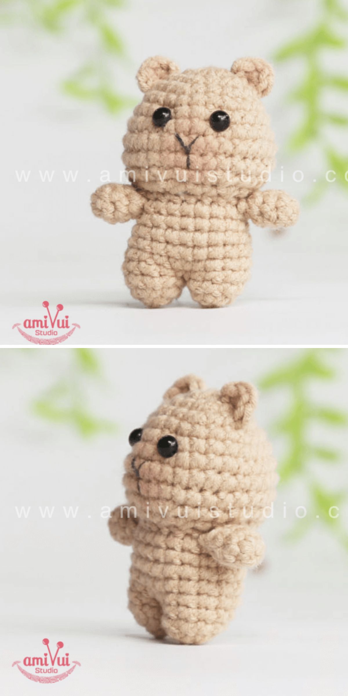 A small crocheted capybara with black eyes and a simple snout is shown from the front and side against a light background, alongside a charming crochet capybara.