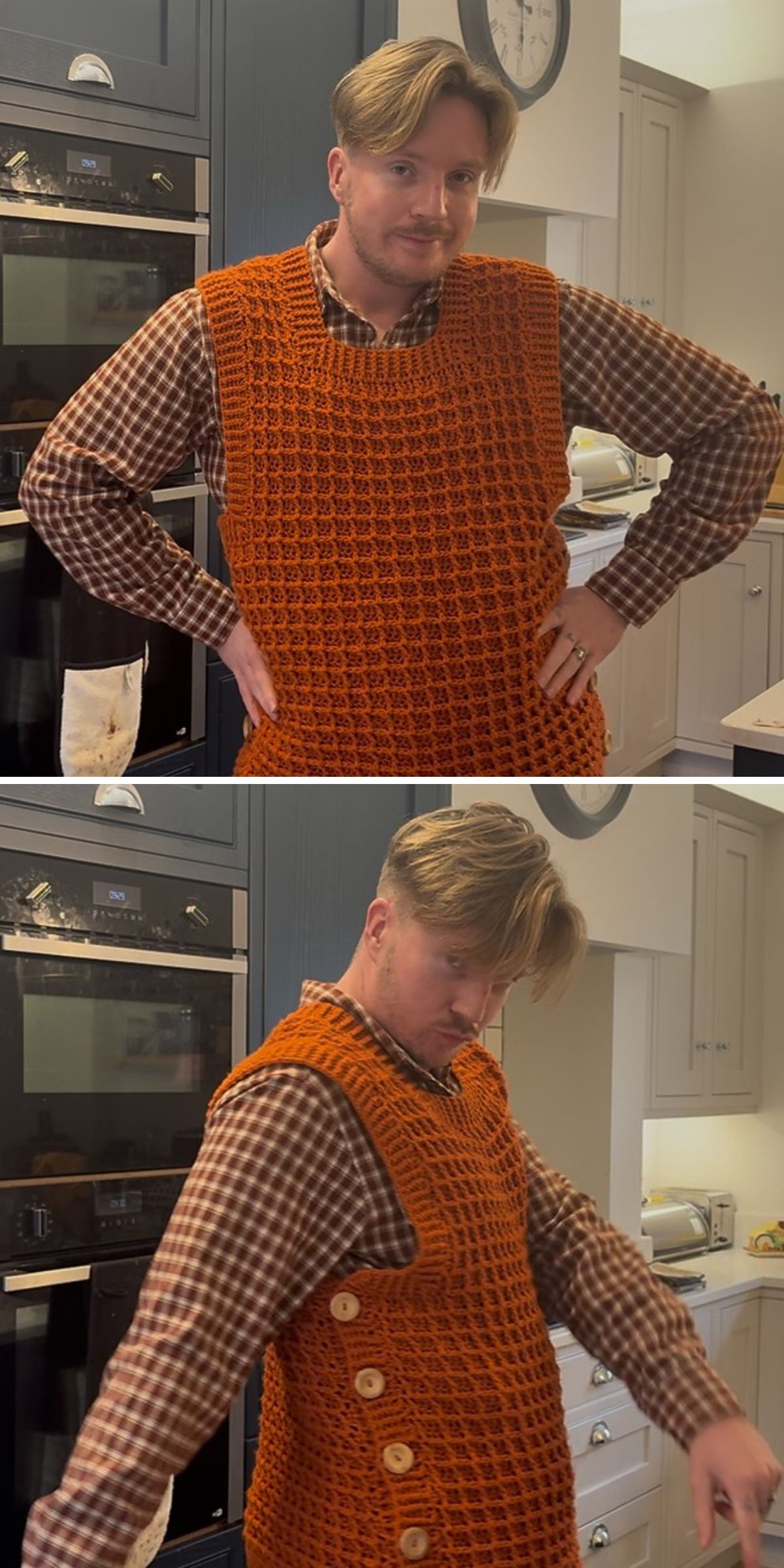 A person in a kitchen wears a brown plaid shirt under an orange crocheted vest with side buttons, exemplifying stylish crocheted men’s clothing as they pose to show its front view and then its side.