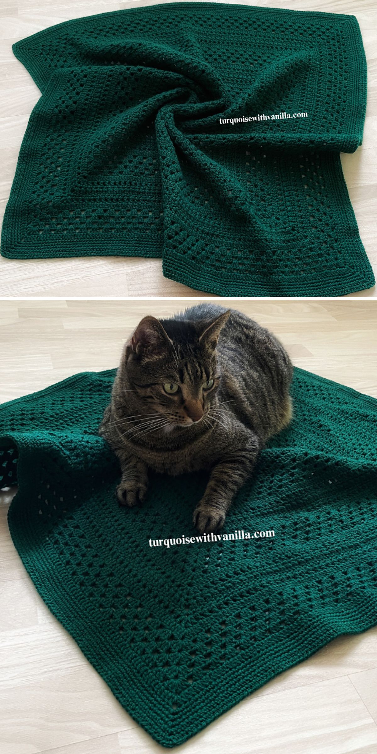 A green crocheted blanket, made using free crochet patterns in green, is spread out; in the second image, a tabby cat relaxes on the blanket, which rests on a light-colored floor.